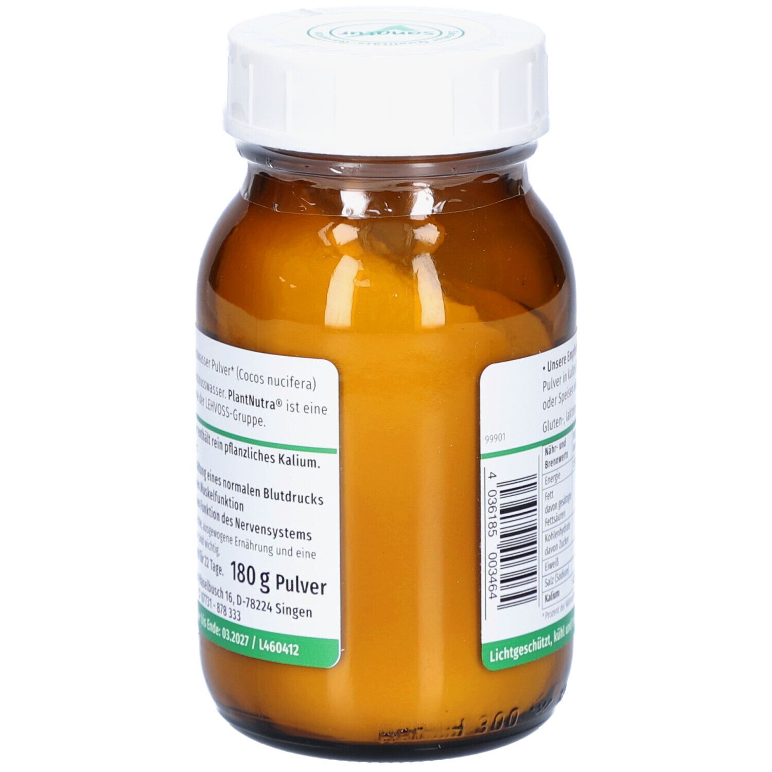 Rückseite der braunen Glasflasche. Etikett mit Inhaltsstoffen, Nährwerten und Herstellerinformationen. 180g Pulver.