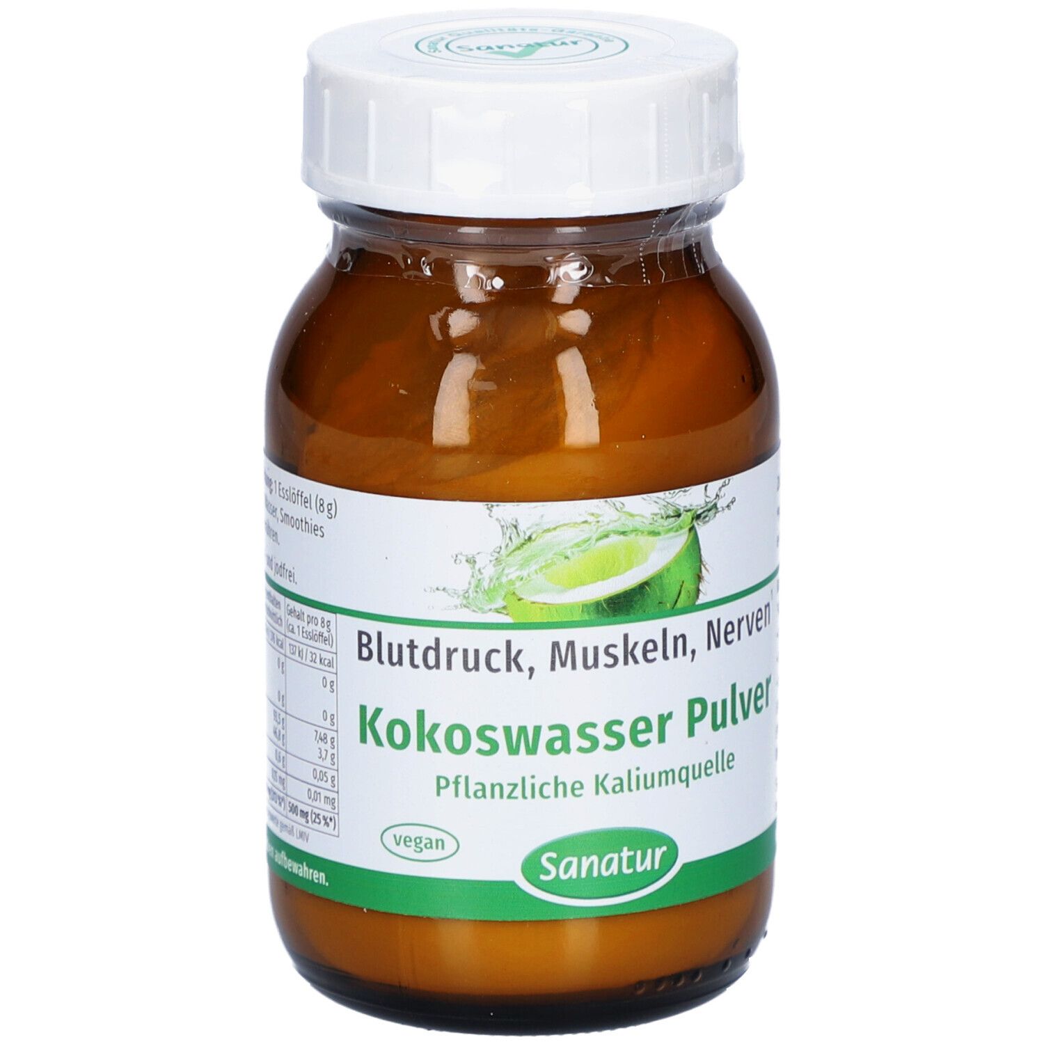 Braune Glasflasche mit weißem Deckel. Etikett mit Produktnamen und Marke Sanatur. Vegan-Siegel.