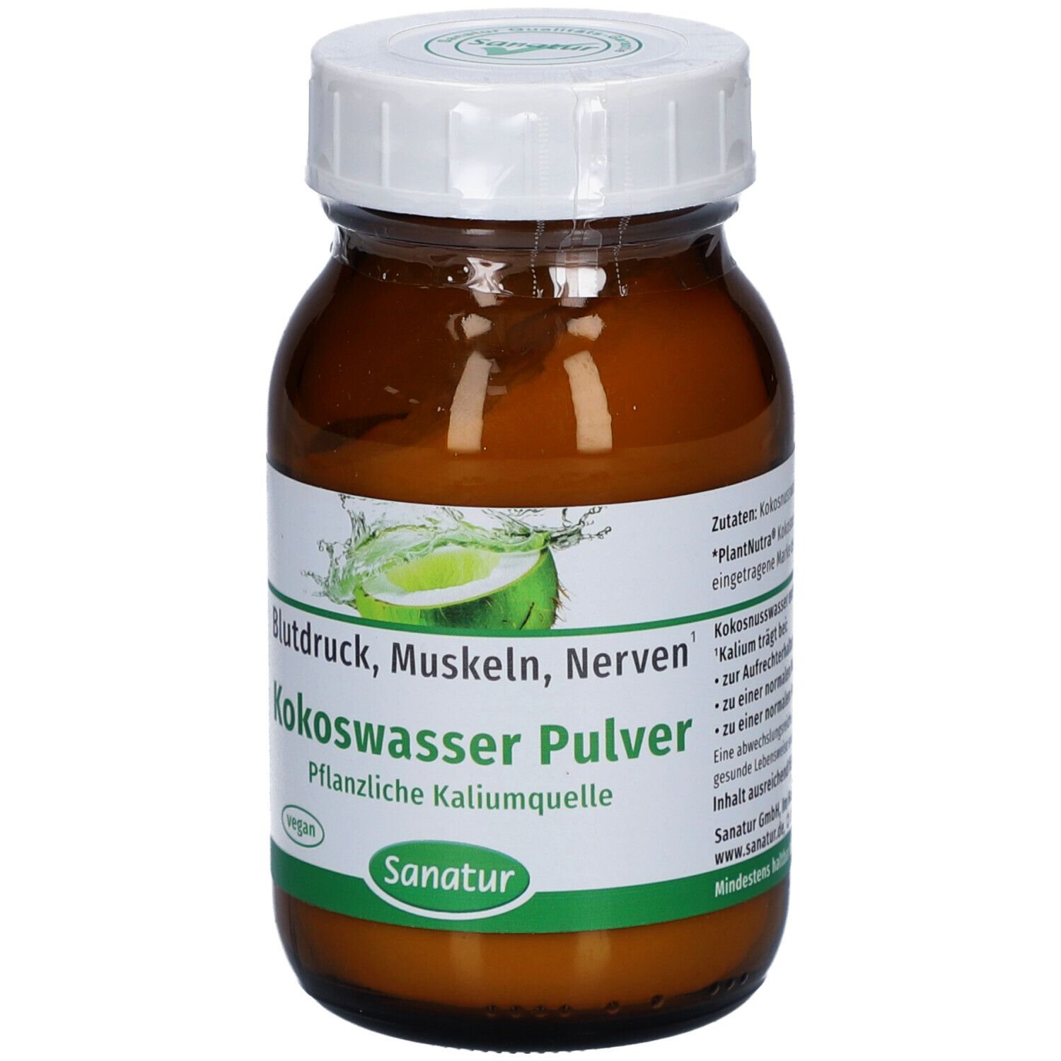 Braune Glasflasche mit weißem Deckel. Etikett mit Produktnamen und Marke Sanatur. Vegan-Siegel.