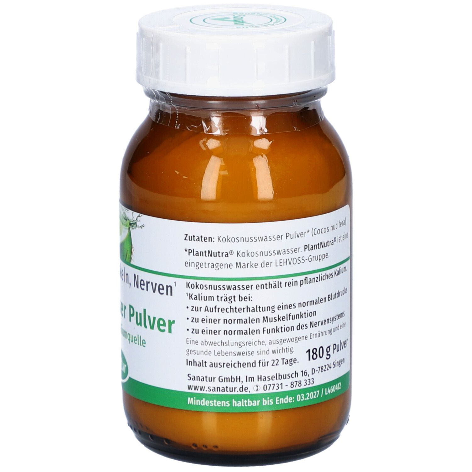 Braune Glasflasche mit weißem Deckel. Etikett mit Produktnamen und Marke Sanatur. 180g Pulver. Mindesthaltbarkeitsdatum.