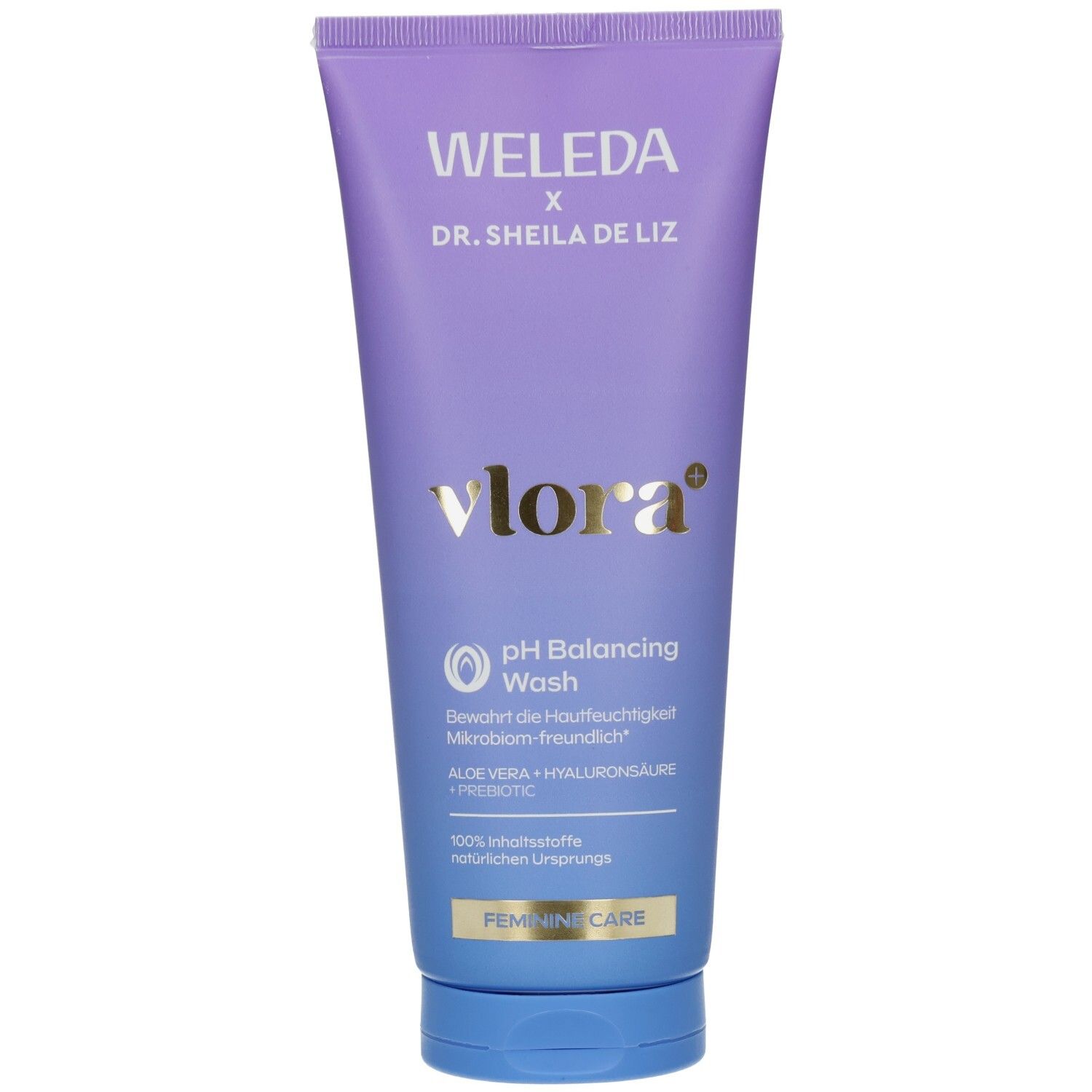 Weleda pH Balancing Wash Tube. Lila-farbenes Produkt mit weißer Schrift. Enthält Aloe Vera und Hyaluronsäure. FEMININ CARE.
