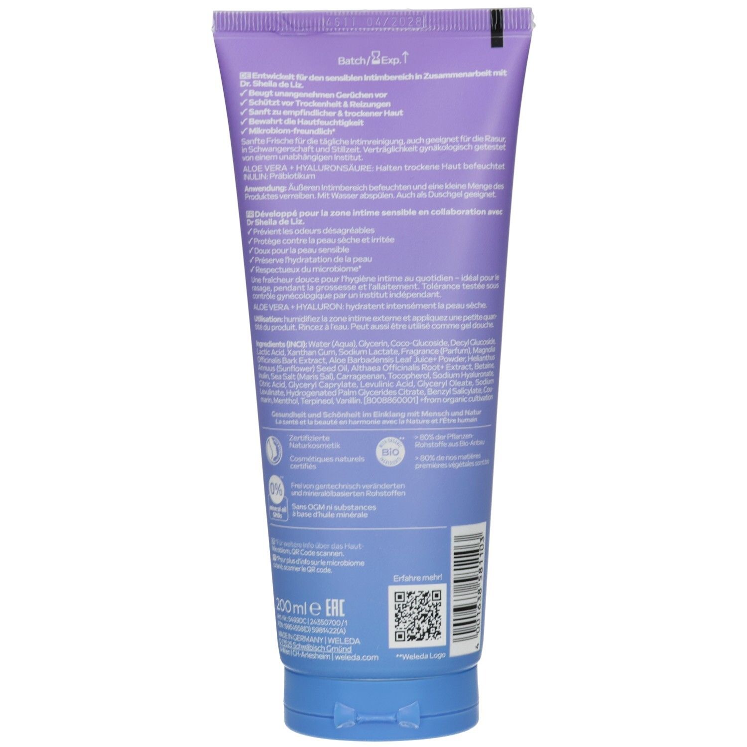 Rückseite der Weleda pH Balancing Wash Tube. Text in mehreren Sprachen. Enthält Informationen zu Inhaltsstoffen und Zertifizierungen.