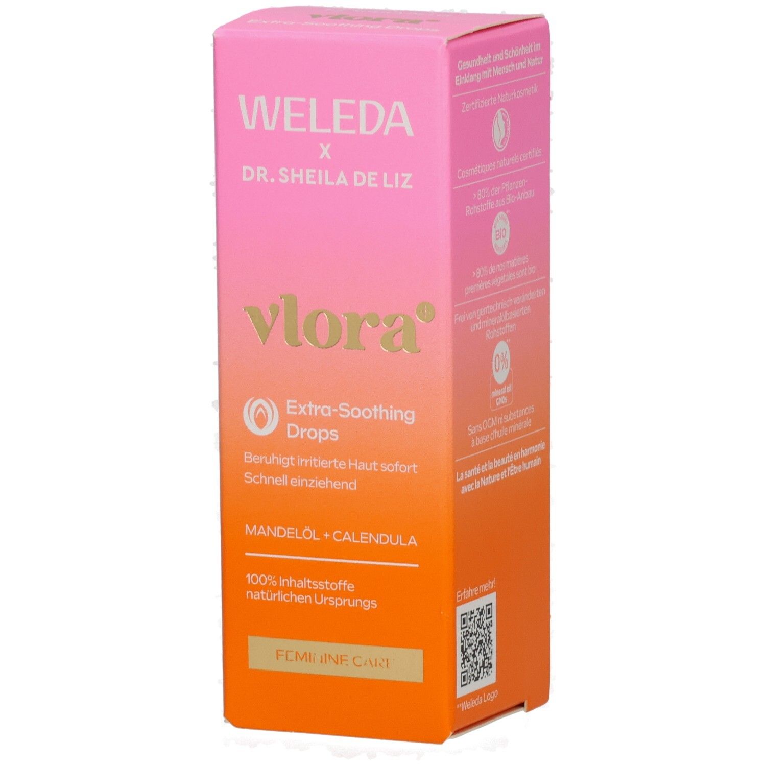Weleda Vlora+ Extra-Soothing Drops. Pink-orange Box. Gold text: vlora, Extra-Soothing Drops, Mandelöl + Calendula. Feminine Care.