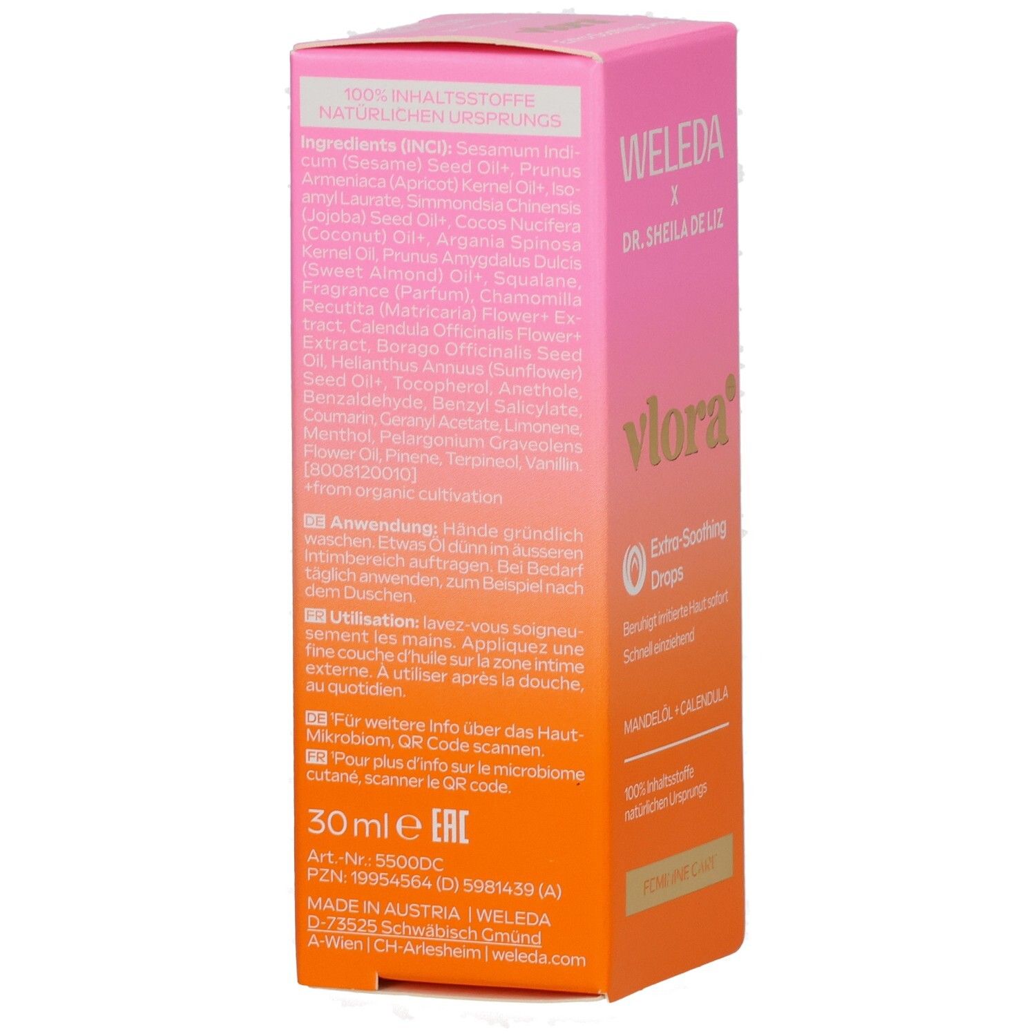 Weleda Vlora+ Extra-Soothing Drops. Pink-orange Box. Ingredients list. 30ml. QR code. Made in Austria.