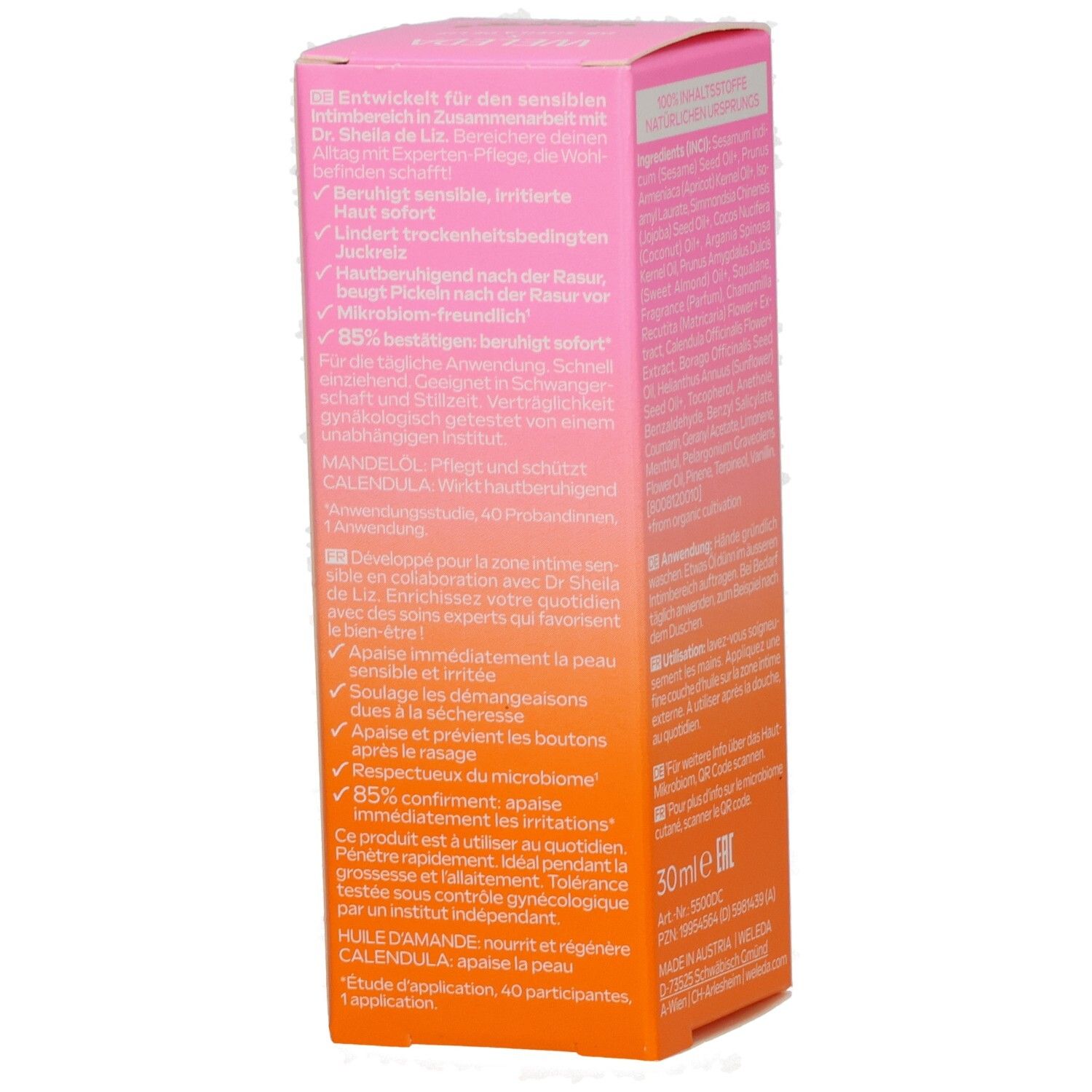 Weleda Vlora+ Extra-Soothing Drops. Pink-orange Box. Text about the product. 30ml.