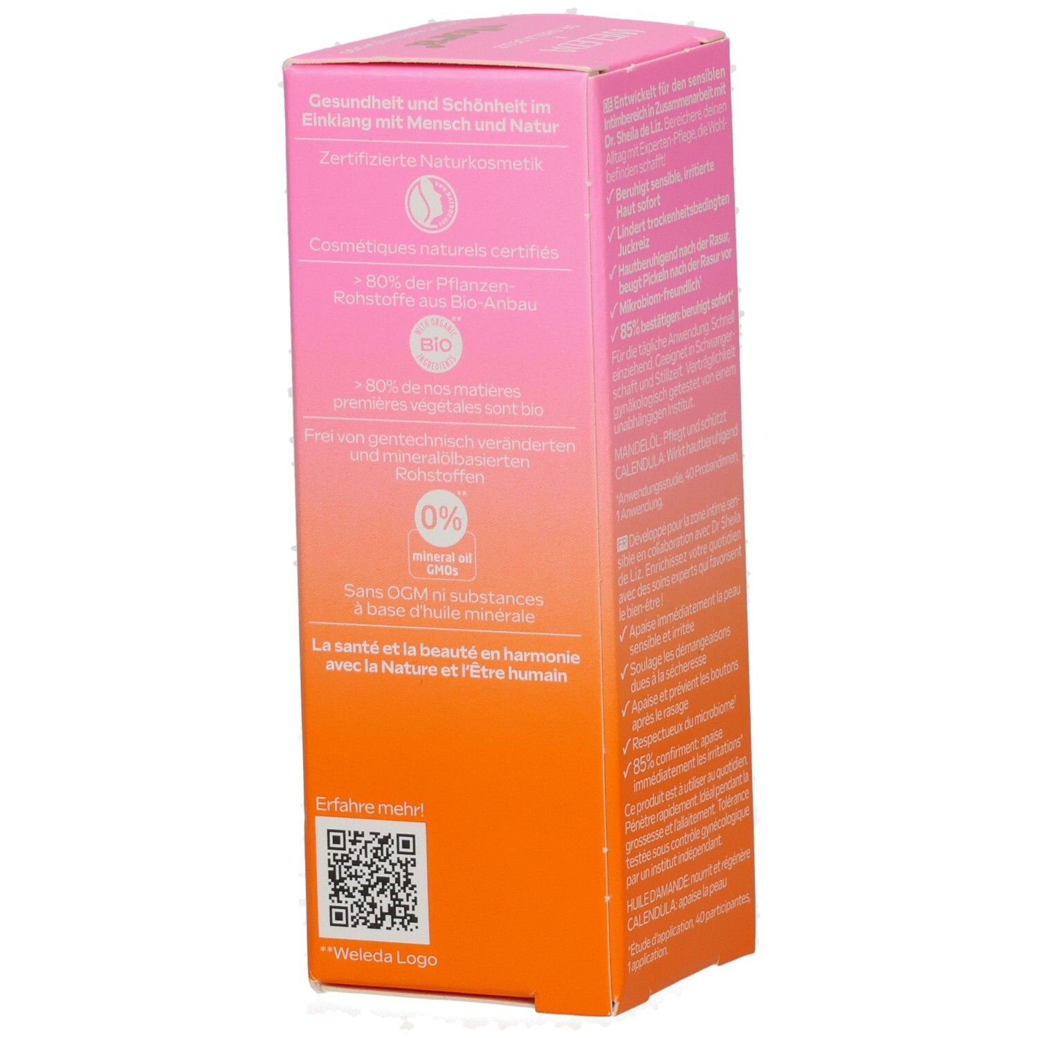 Weleda Vlora+ Extra-Soothing Drops. Pink-orange Box. Certifications: Naturkosmetik, Bio. 0% mineral substances.