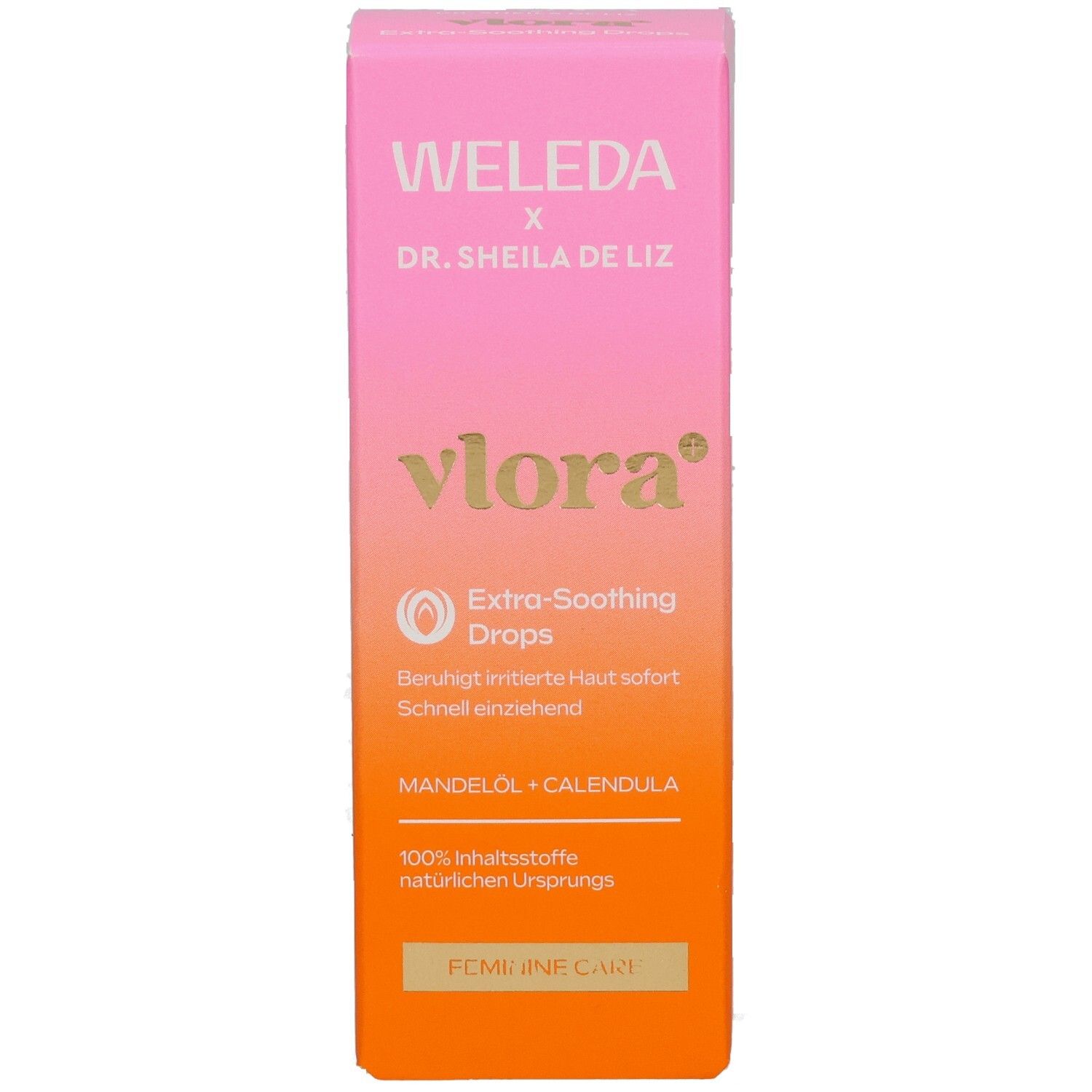 Weleda Vlora+ Extra-Soothing Drops. Pink-orange Box. Gold text: vlora, Extra-Soothing Drops, Mandelöl + Calendula. Feminine Care.