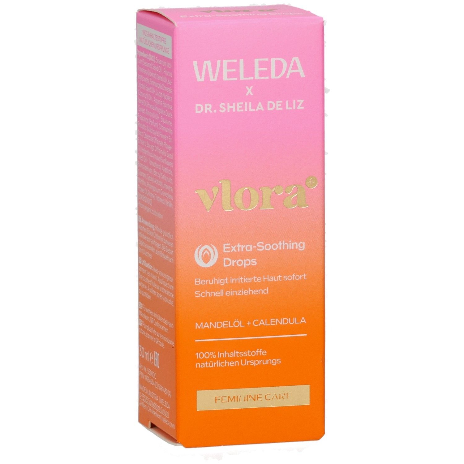 Weleda Vlora+ Extra-Soothing Drops. Pink-orange Box. Gold text: vlora, Extra-Soothing Drops, Mandelöl + Calendula. Feminine Care.