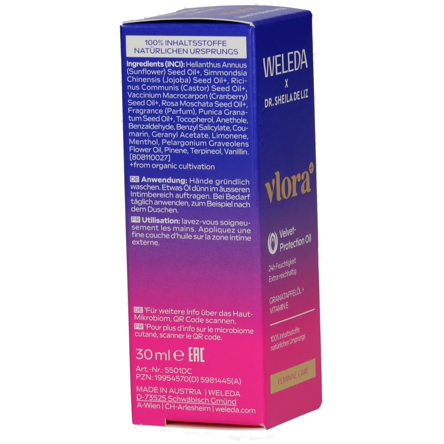 Rückseite der Produktverpackung. Enthält Inhaltsstoffe, Anwendungshinweise und Herstellerinformationen. 30ml.