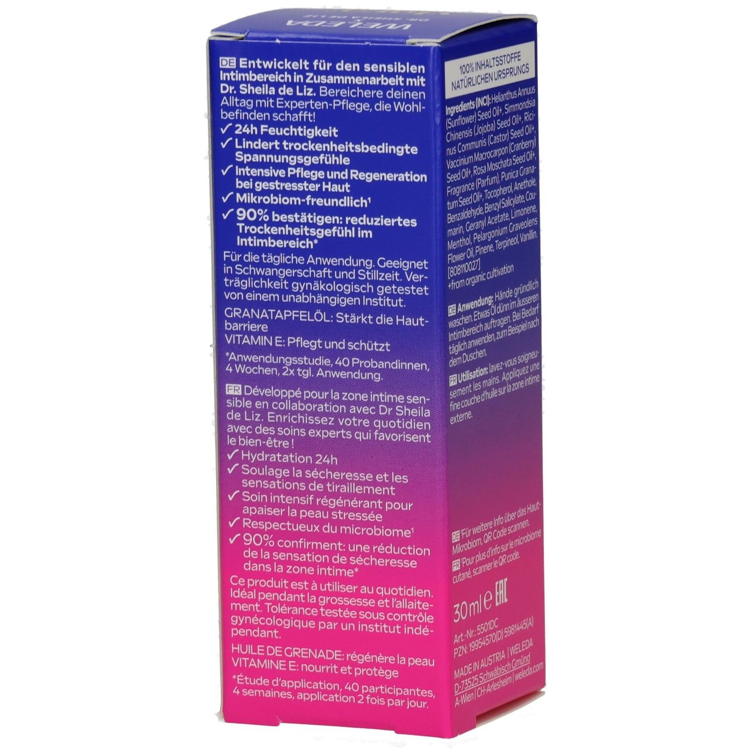 Seite der Produktverpackung mit Produktinformationen. Enthält Informationen zur Anwendung und Vorteile des Produkts. 30ml.