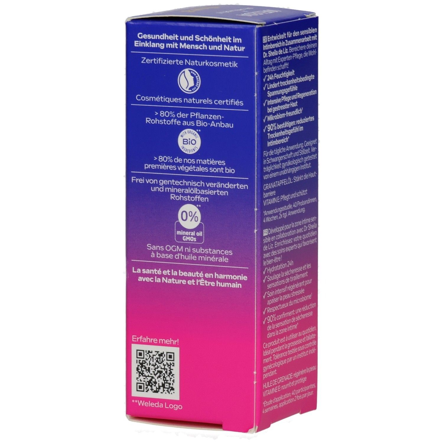 Seite der Produktverpackung mit Informationen zu Zertifizierungen und Inhaltsstoffen. Enthält QR-Code.