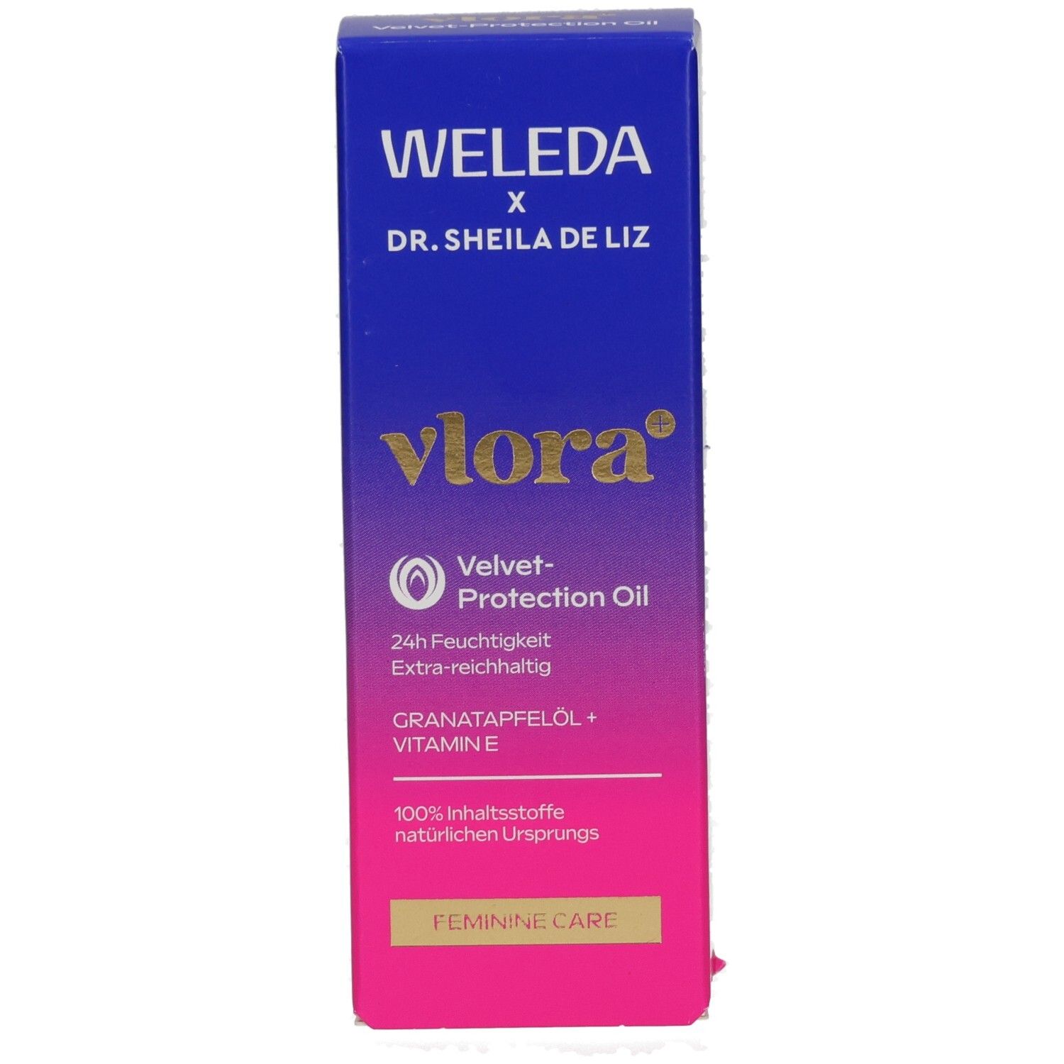 Vorderseite der Produktverpackung. Marke: WELEDA. Produkt: vlora Velvet-Protection Oil. Enthält Produktinformationen.