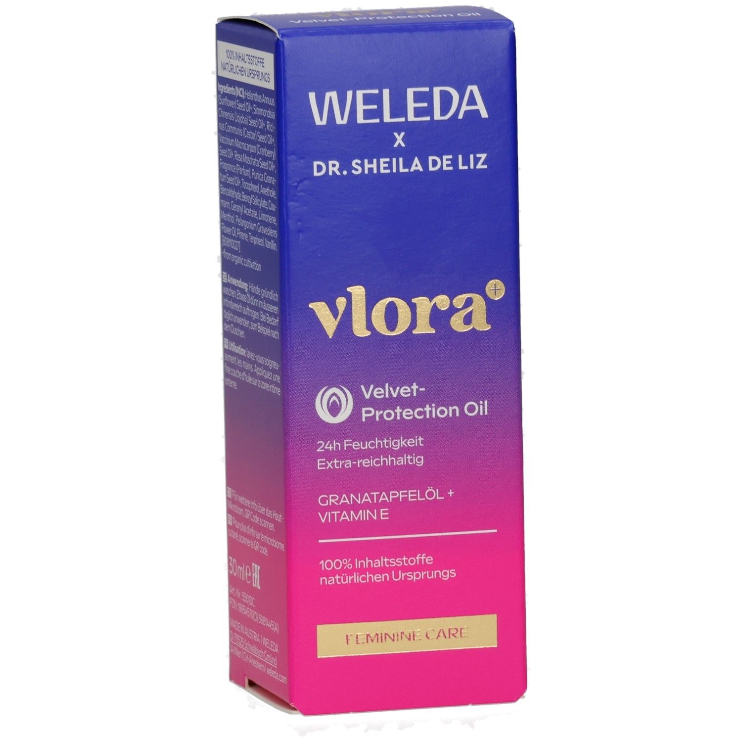 Vorderseite der Produktverpackung. Marke: WELEDA. Produkt: vlora Velvet-Protection Oil. Enthält Produktinformationen.