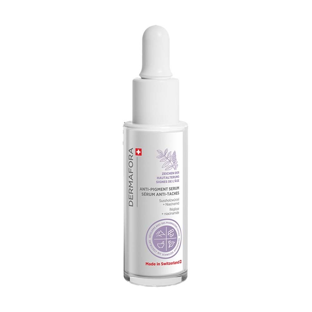Weißes Serumfläschchen mit Pipette. Aufschrift: DERMAFORA, Anti-Pigment Serum. Made in Switzerland.