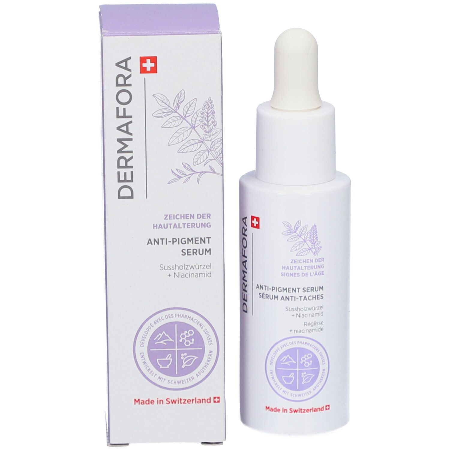 Produkt und Verpackung. Weiße Flasche mit Pipette und Karton. Aufschrift: DERMAFORA, Anti-Pigment Serum. Schweizer Kreuz.
