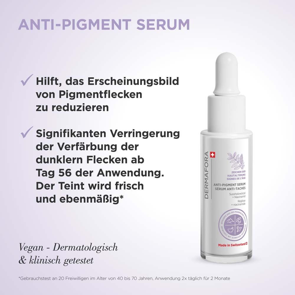 Produktflasche mit Text. Aufschrift: Anti-Pigment Serum. Reduziert Pigmentflecken. Vegan und dermatologisch getestet.