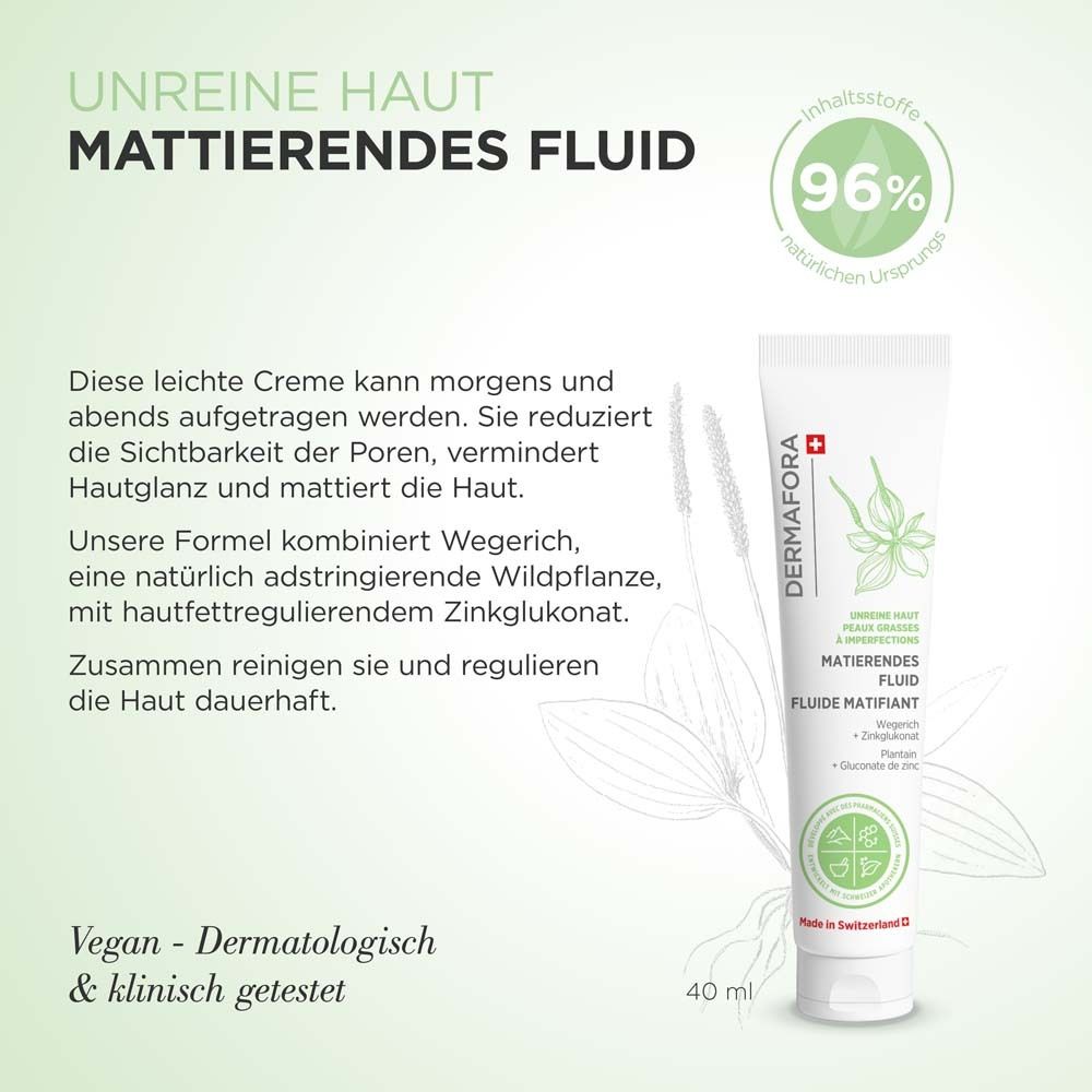 Weiße Tube mit Text. Schweizer Kreuz und Logo. Text: MATTIERENDES FLUID. 40 ml. Vegan und dermatologisch getestet.