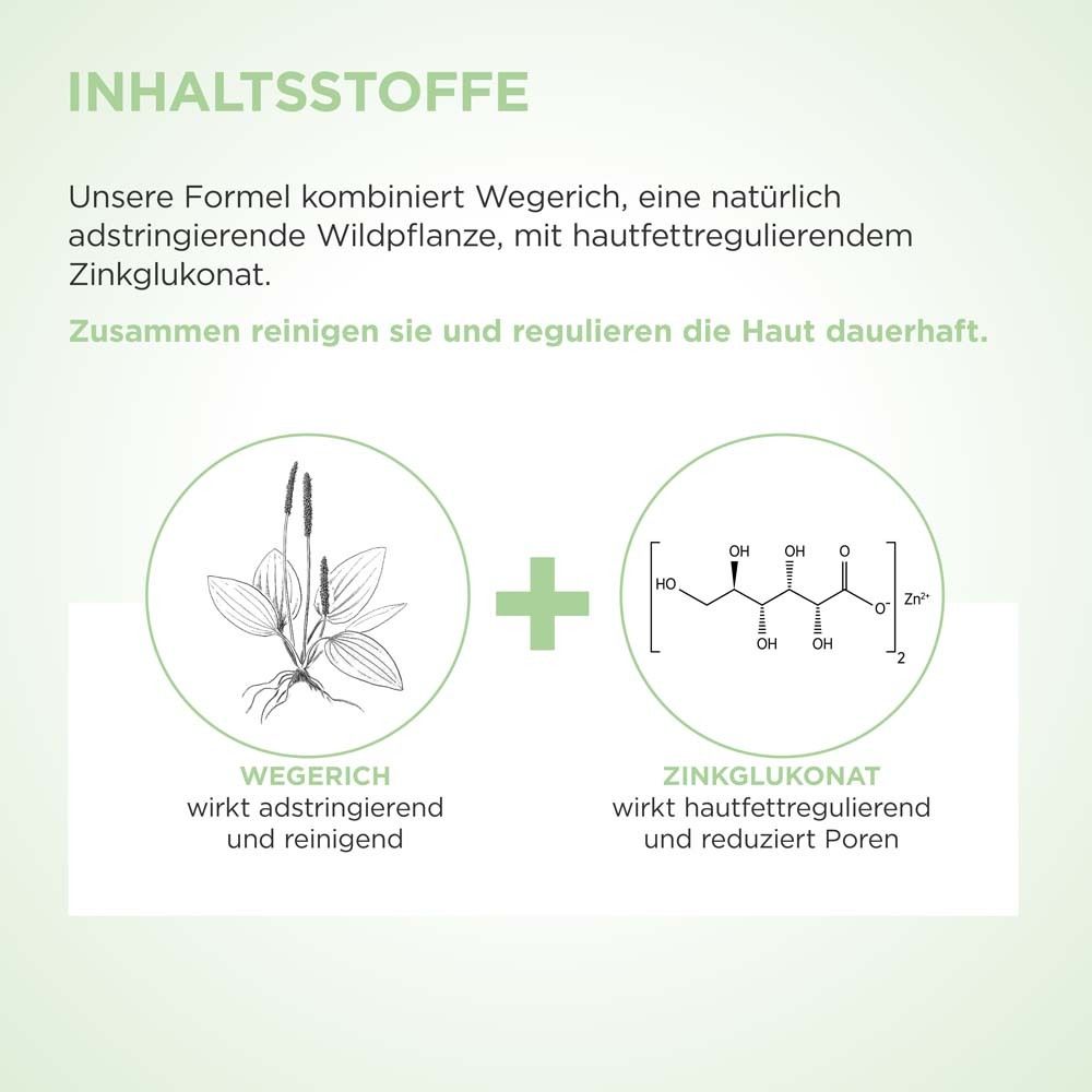 Grafik mit Inhaltsstoffen. Pflanzenabbildung und chemische Formel. Text: Wegrich und Zinkglukonat.