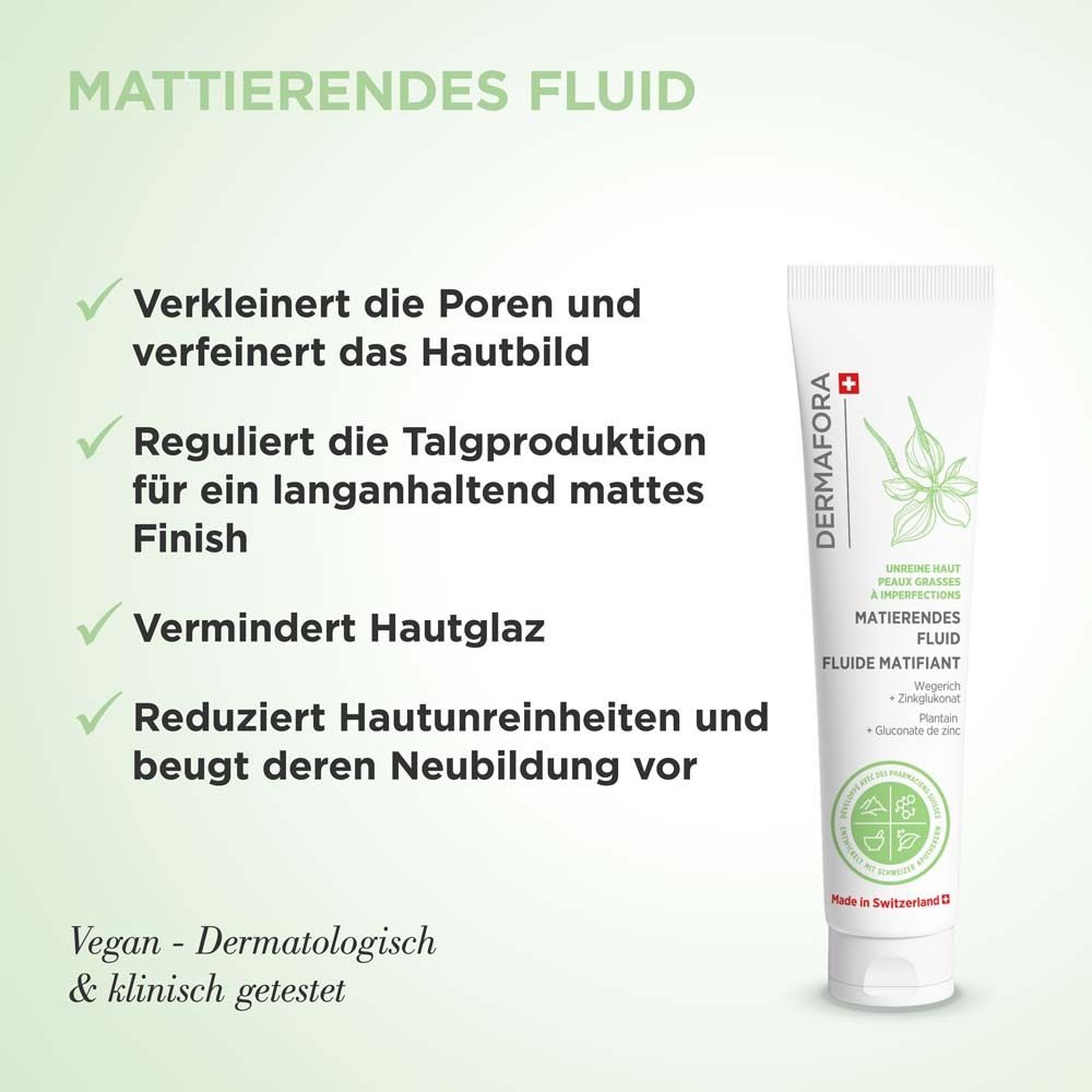 Weiße Tube mit Text. Schweizer Kreuz und Logo. Text: MATTIERENDES FLUID. Vorteile: Poren, Talg, Glanz, Unreinheiten.