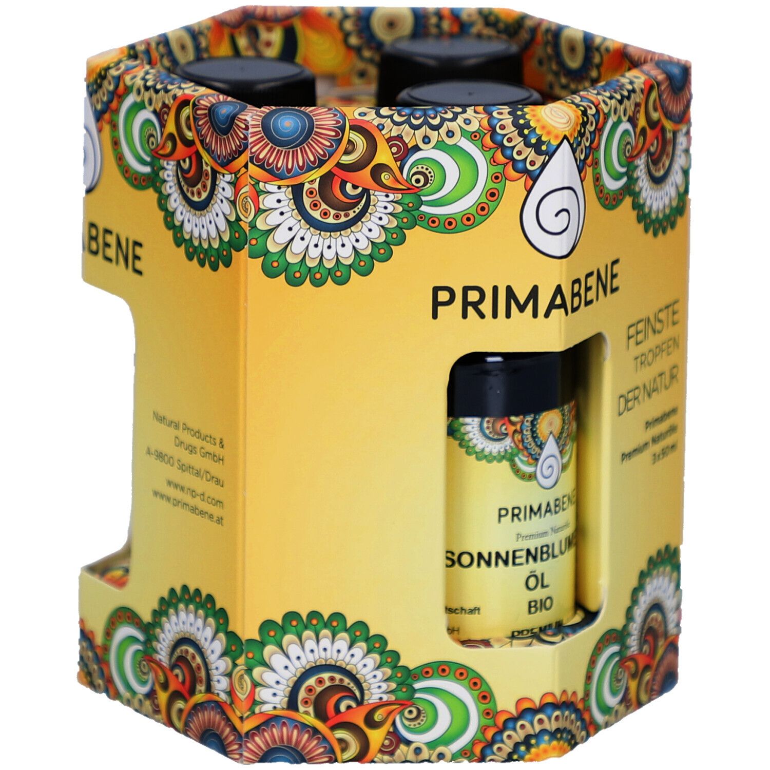 Gelbe Verpackung mit PRIMABENE-Logo und drei Ölflaschen. Eine Flasche mit Sonnenblumenöl-Etikett. Bio-Qualität.