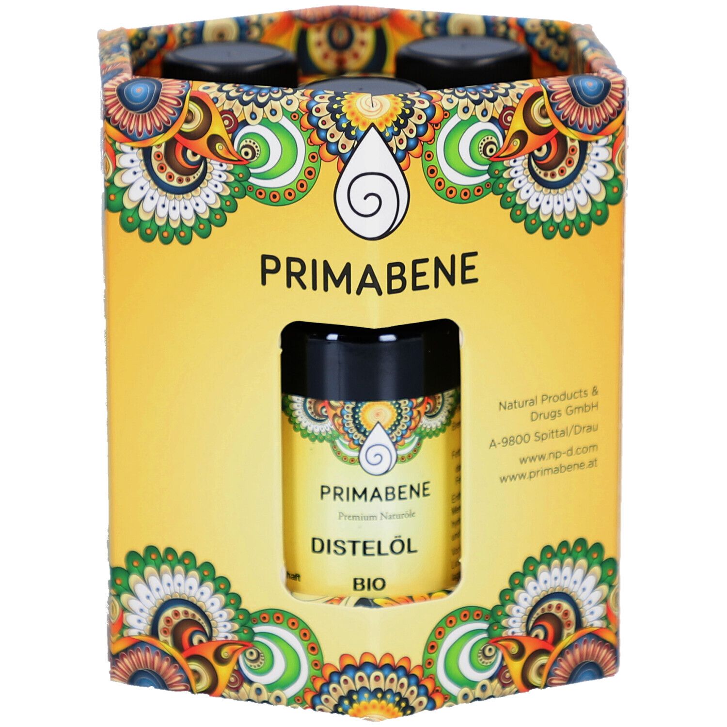 Gelbe Verpackung mit PRIMABENE-Logo und drei Ölflaschen. Eine Flasche mit Distelöl-Etikett. Bio-Qualität.