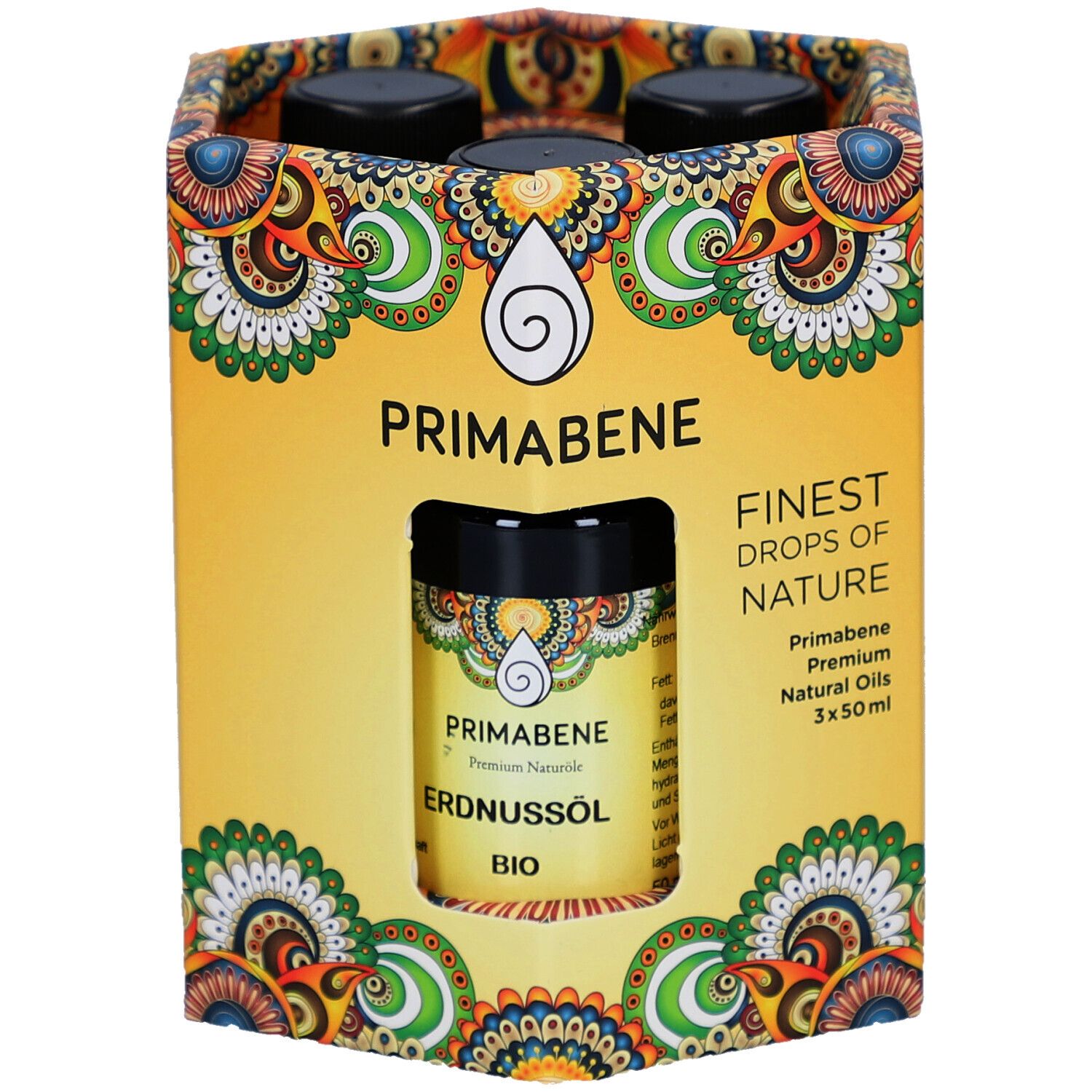 Gelbe Verpackung mit PRIMABENE-Logo und drei Ölflaschen. Eine Flasche mit Erdnussöl-Etikett. Bio-Qualität.