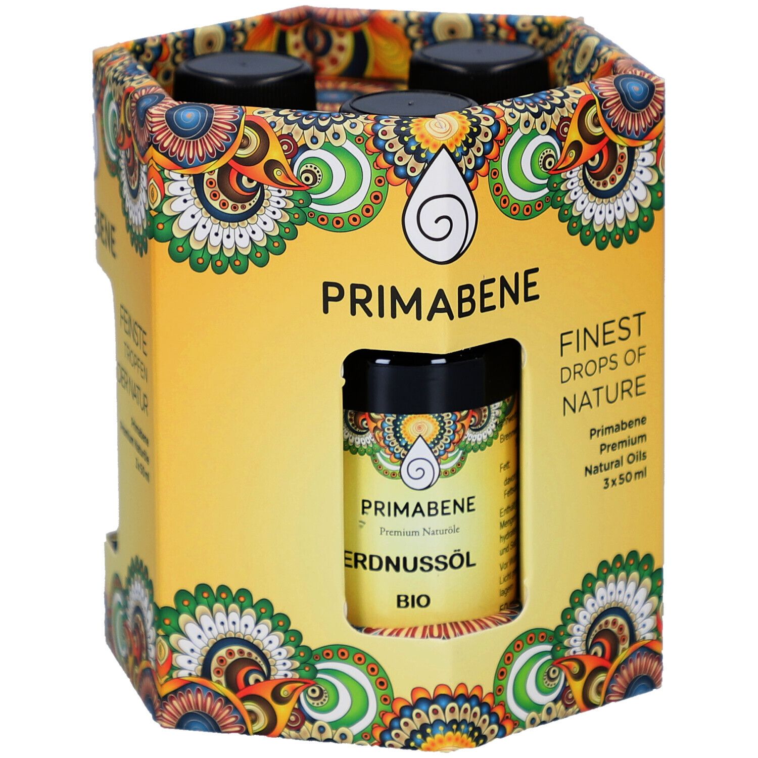 Gelbe Verpackung mit PRIMABENE-Logo und drei Ölflaschen. Eine Flasche mit Erdnussöl-Etikett. Bio-Qualität.
