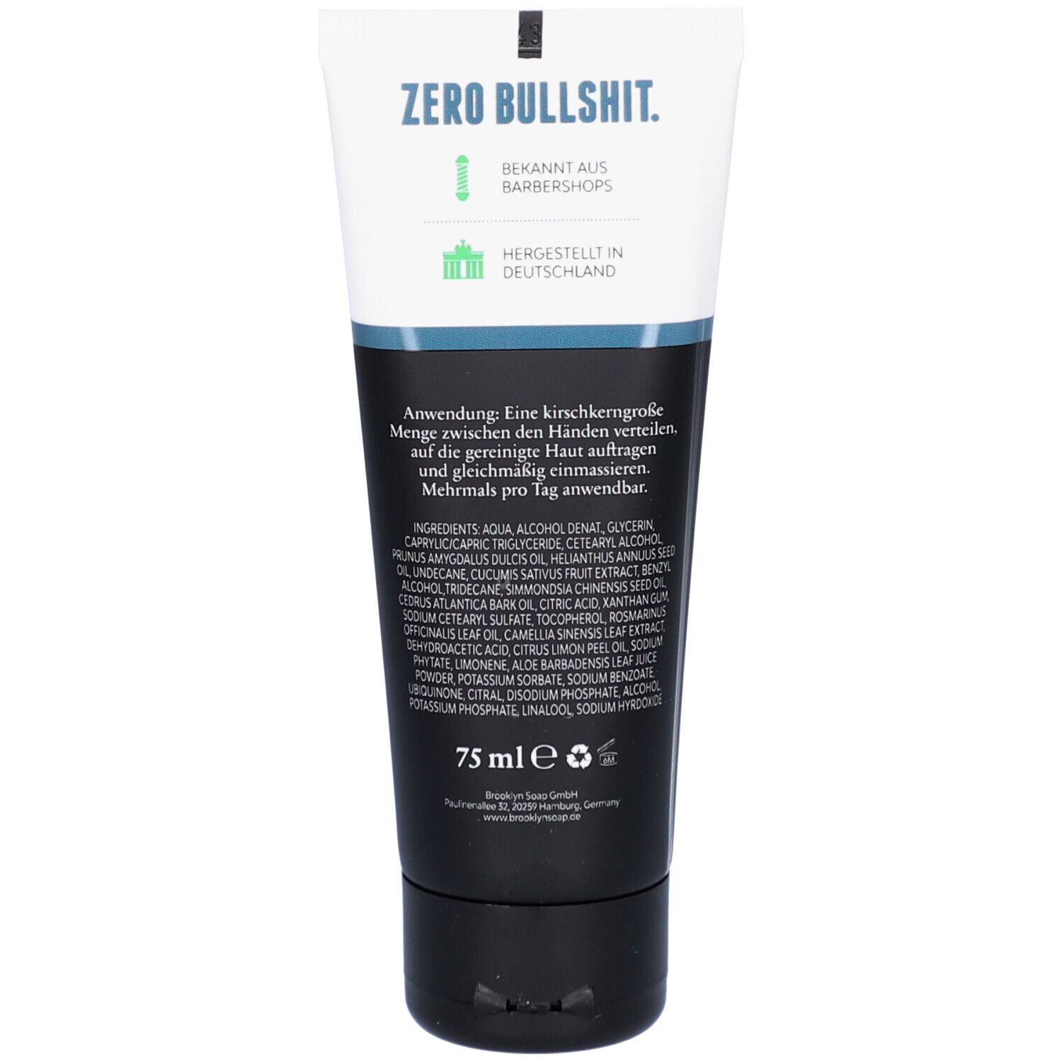 Creme-Tube mit schwarzem Deckel. Aufschrift: ZERO BULLSHIT. Hergestellt in Deutschland. 75 ml.