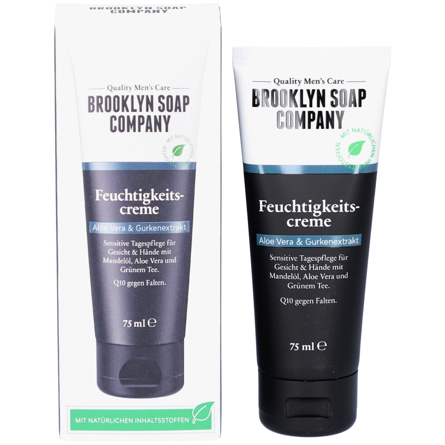 Creme-Tube und Verpackung. Aufschrift: Brooklyn Soap Company, Feuchtigkeitscreme, Aloe Vera & Gurkenextrakt. 75 ml.