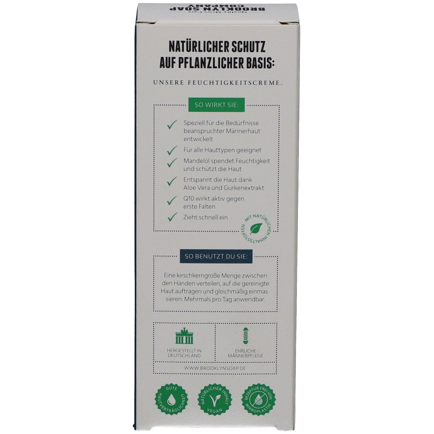 Rückseite der Verpackung. Text über Inhaltsstoffe und Anwendung. Logos und Zertifizierungen.