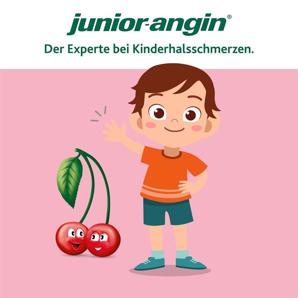 junior-angin®: Lächelnder Junge winkt neben zwei Comic-Kirschen. "Der Experte bei Kinderhalsschmerzen."