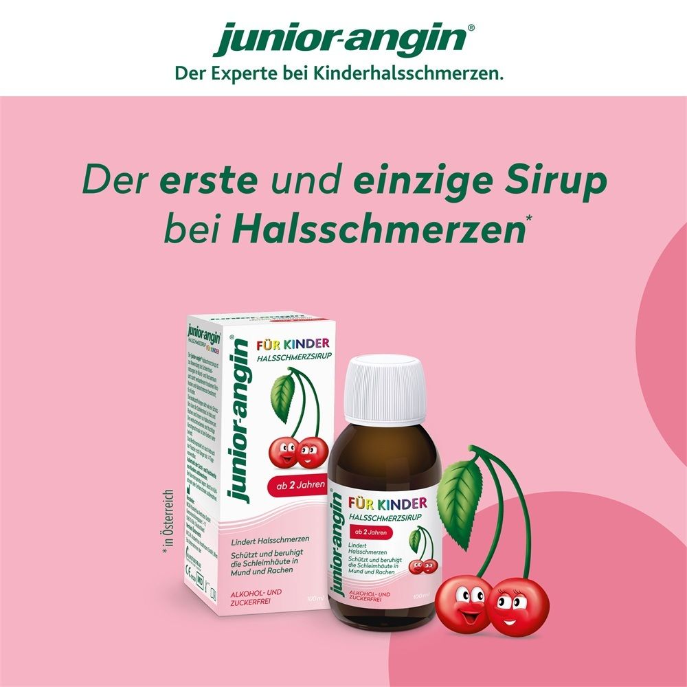 junior-angin® Halssirup für Kinder: Flasche und Karton mit Kirschmotiv. "Der erste und einzige Sirup bei Halsschmerzen."