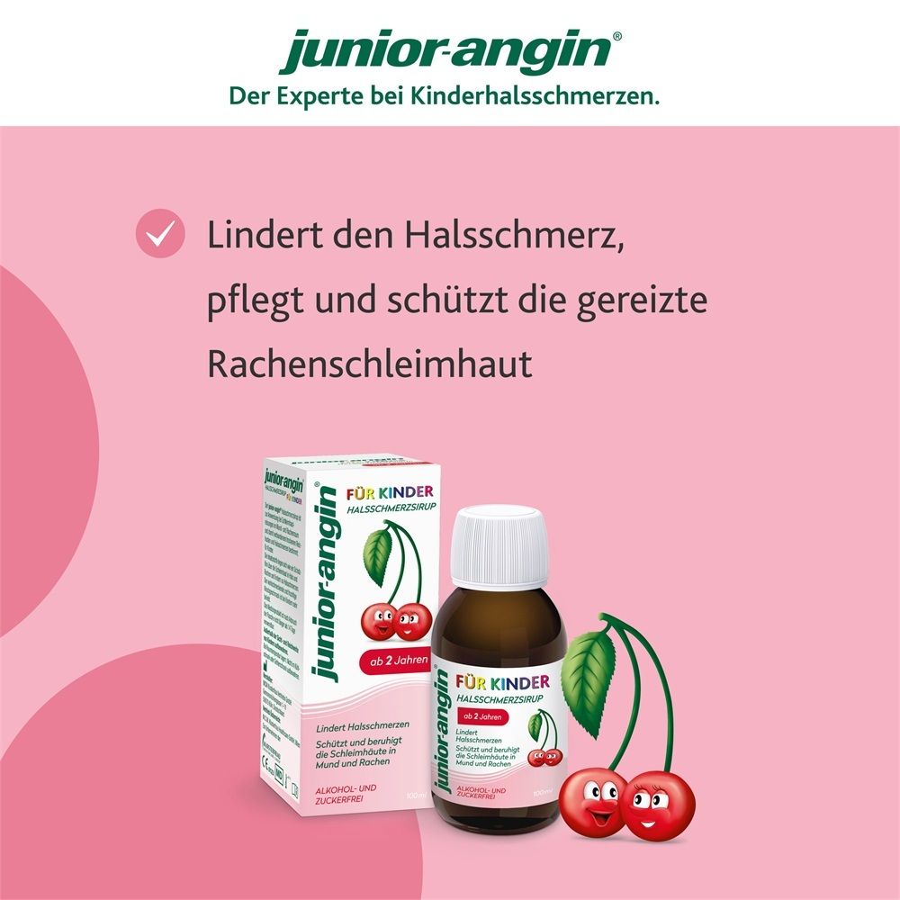 junior-angin® Halssirup: Lindert Halsschmerzen, pflegt und schützt die Rachenschleimhaut. Mit Kirschmotiv.