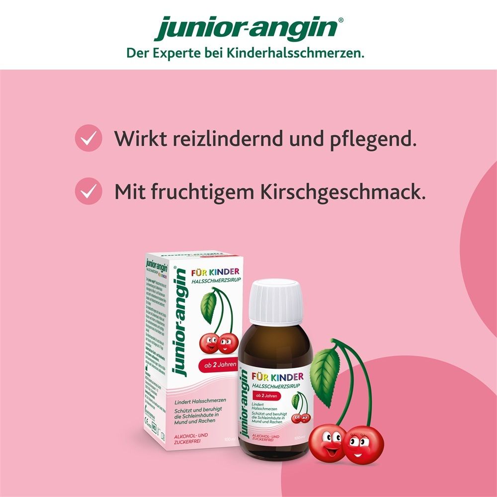 junior-angin® Halssirup: Wirkt reizlindernd und pflegend. Mit fruchtigem Kirschgeschmack. Mit Kirschmotiv.