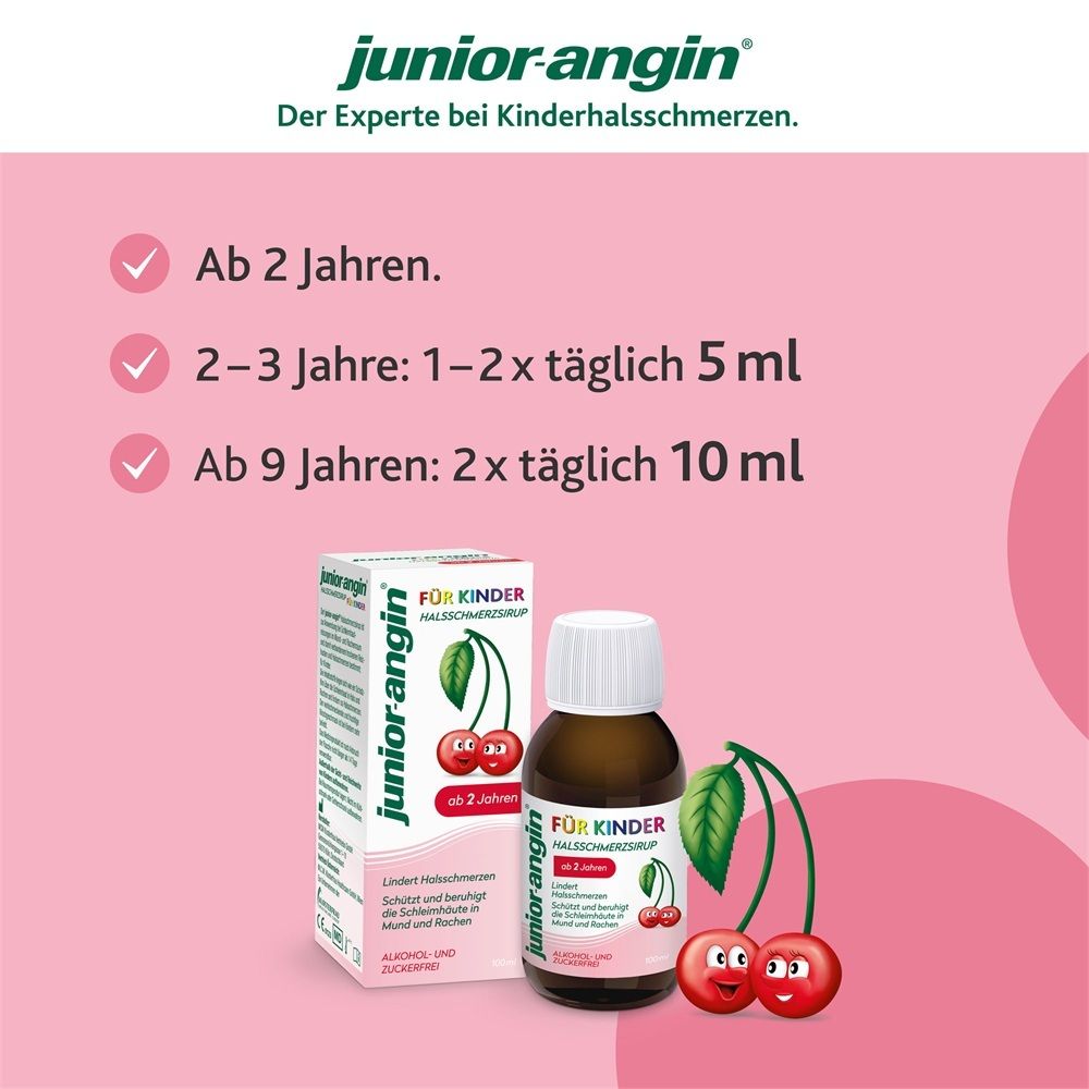 junior-angin® Halssirup: Ab 2 Jahren. Dosierungshinweise für Kinder von 2-3 und ab 9 Jahren. Mit Kirschmotiv.