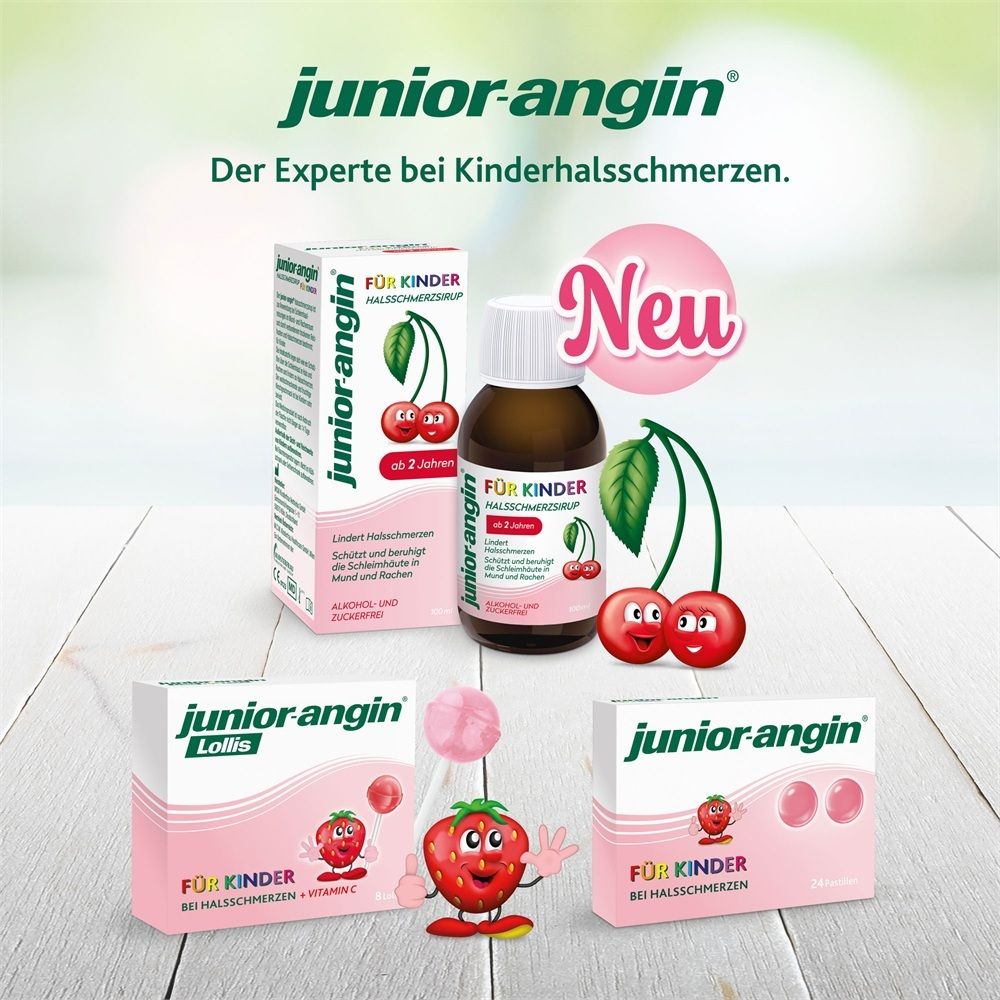 junior-angin® Sortiment: Halssirup, Lollis und Lutschtabletten. Mit Kirsch- und Erdbeermotiv. "Neu".
