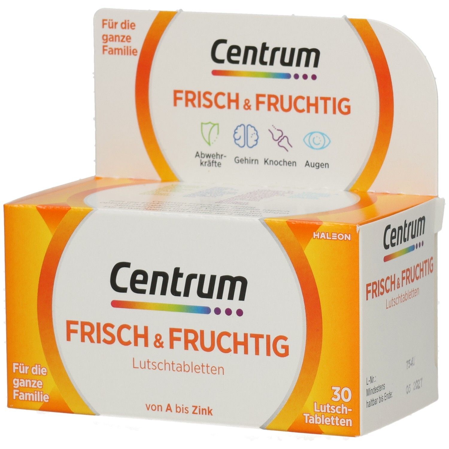 Verpackung von Centrum Frisch & Fruchtig Lutschtabletten. Enthält 30 Tabletten. Aufdruck: Für die ganze Familie.