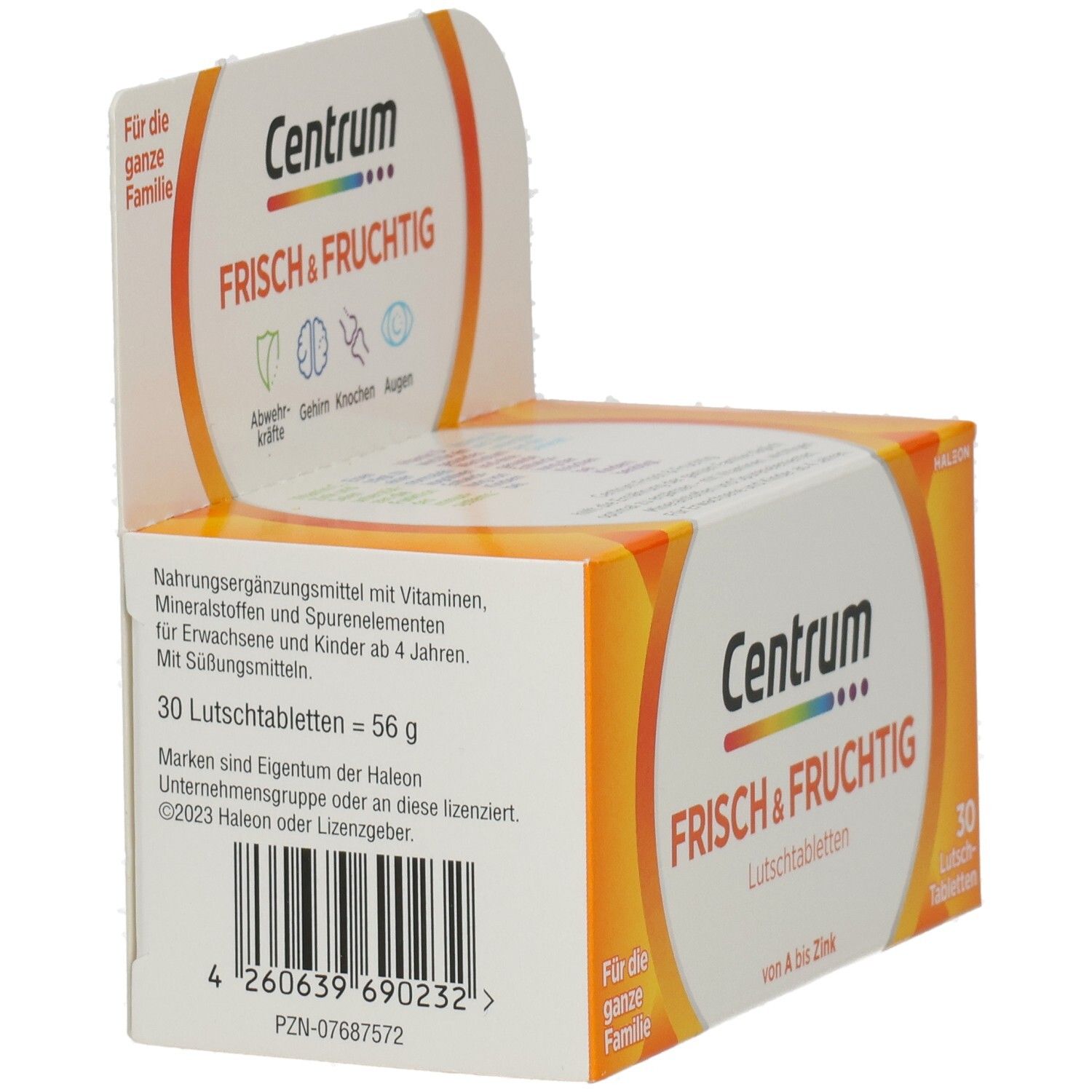 Rückseite der Centrum Frisch & Fruchtig Verpackung. Enthält Informationen zu Inhaltsstoffen und Nährwerten. Barcode sichtbar.