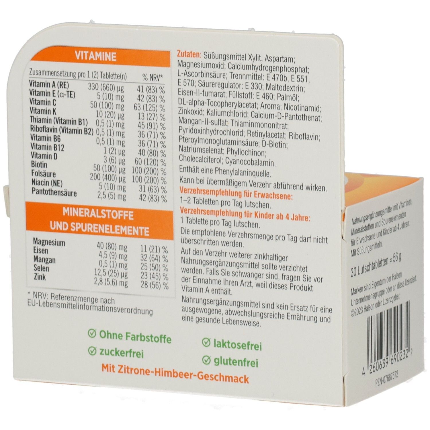 Rückseite der Centrum Frisch & Fruchtig Verpackung. Enthält Informationen zu Vitaminen, Mineralstoffen und Spurenelementen.
