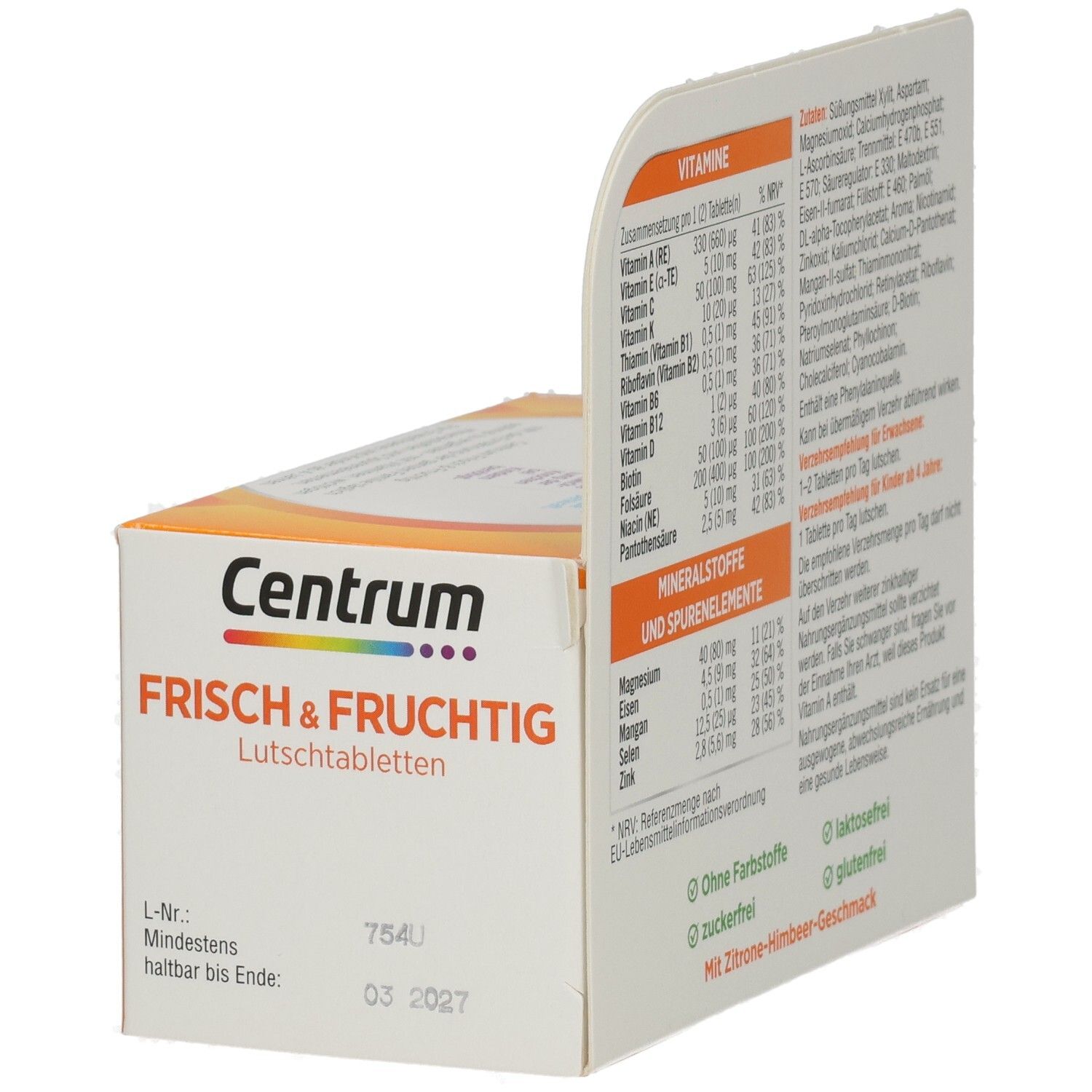 Seitenansicht der Centrum Frisch & Fruchtig Verpackung. Mindesthaltbarkeitsdatum: 03 2027. Enthält Informationen zu Vitaminen.