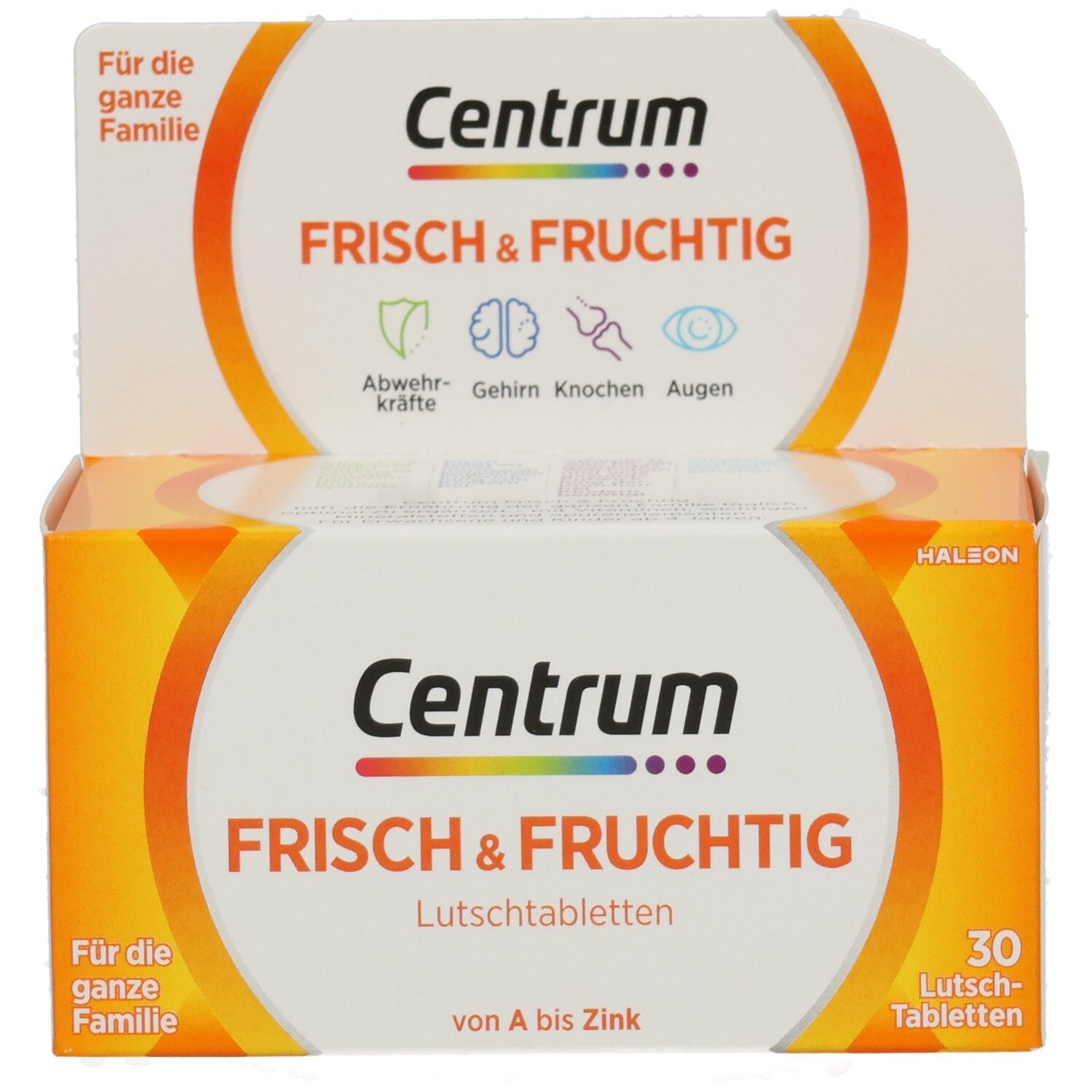 Verpackung von Centrum Frisch & Fruchtig Lutschtabletten. Enthält 30 Tabletten. Aufdruck: Für die ganze Familie.