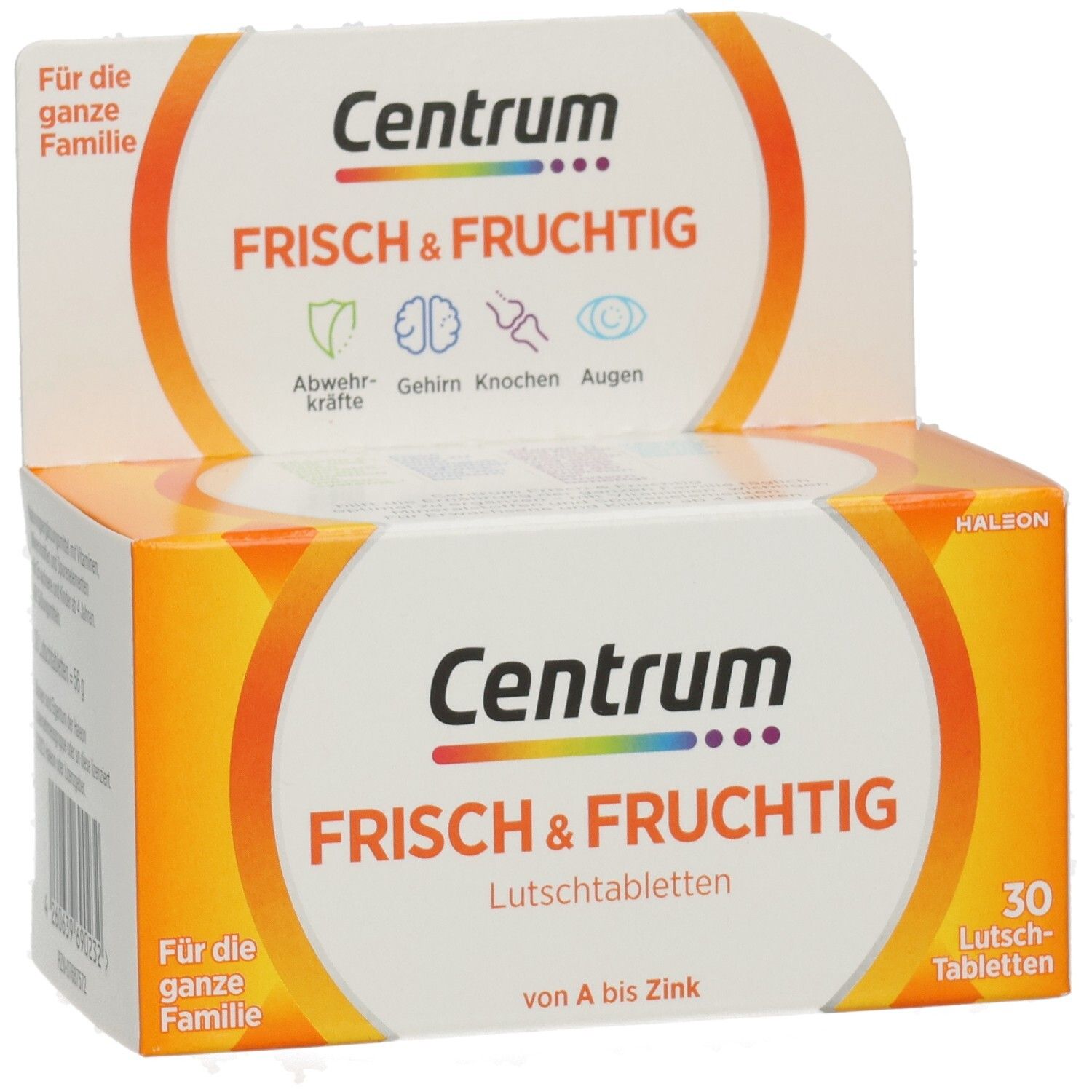 Verpackung von Centrum Frisch & Fruchtig Lutschtabletten. Enthält 30 Tabletten. Aufdruck: Für die ganze Familie.