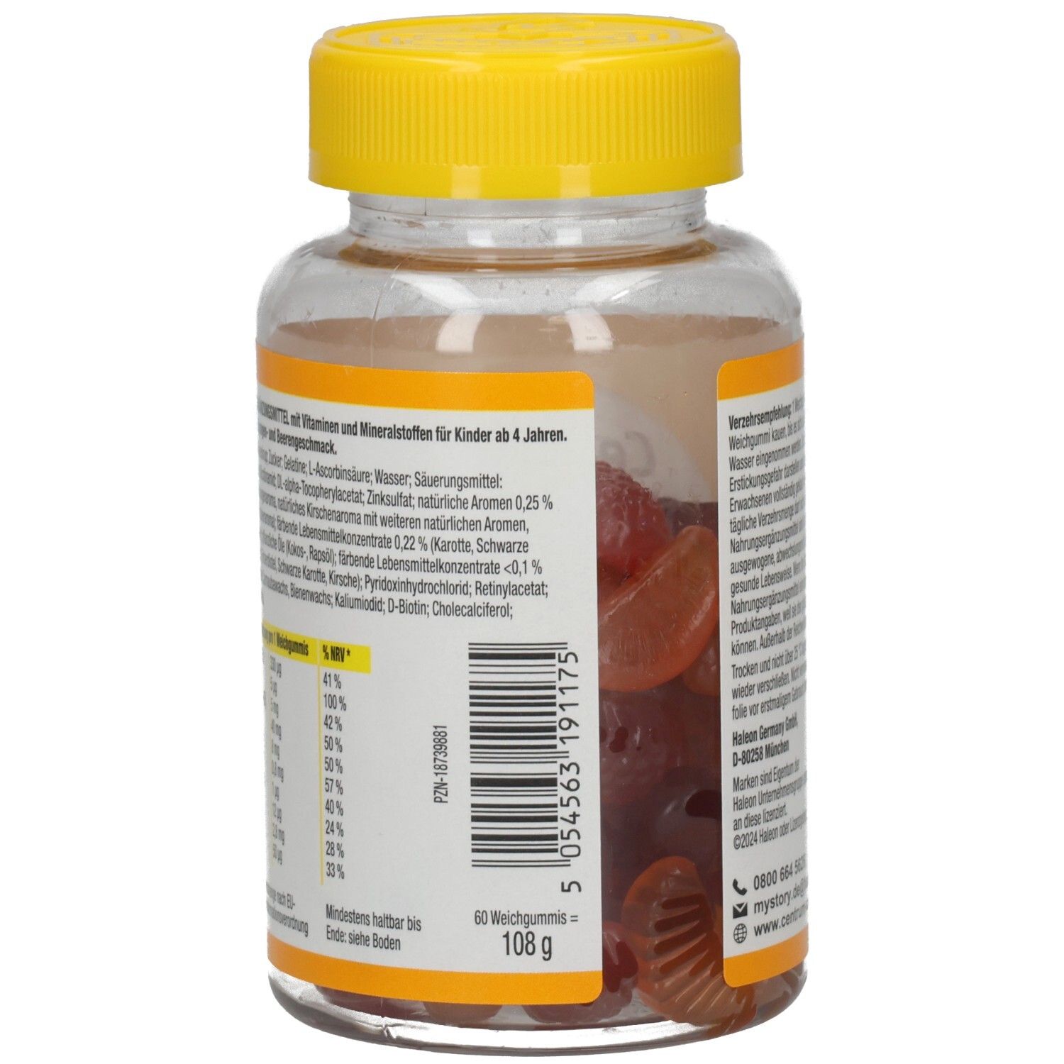 Rückansicht der Flasche. Etikett mit Inhaltsstoffen und Nährwertangaben. 60 Weichgummis, 108g.