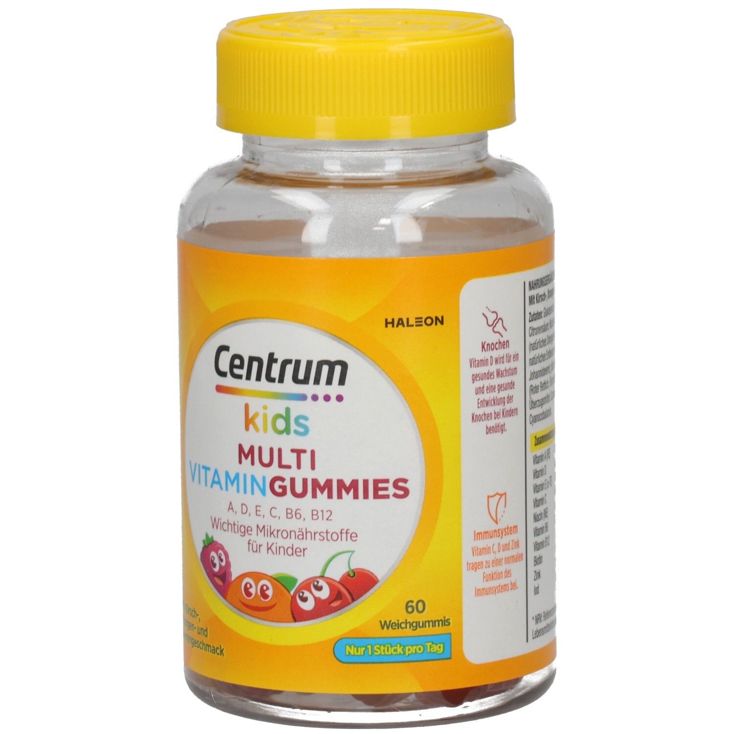 Klare Plastikflasche mit gelbem Deckel. Etikett mit "Centrum kids Multi Vitamin Gummies". 60 Weichgummis.