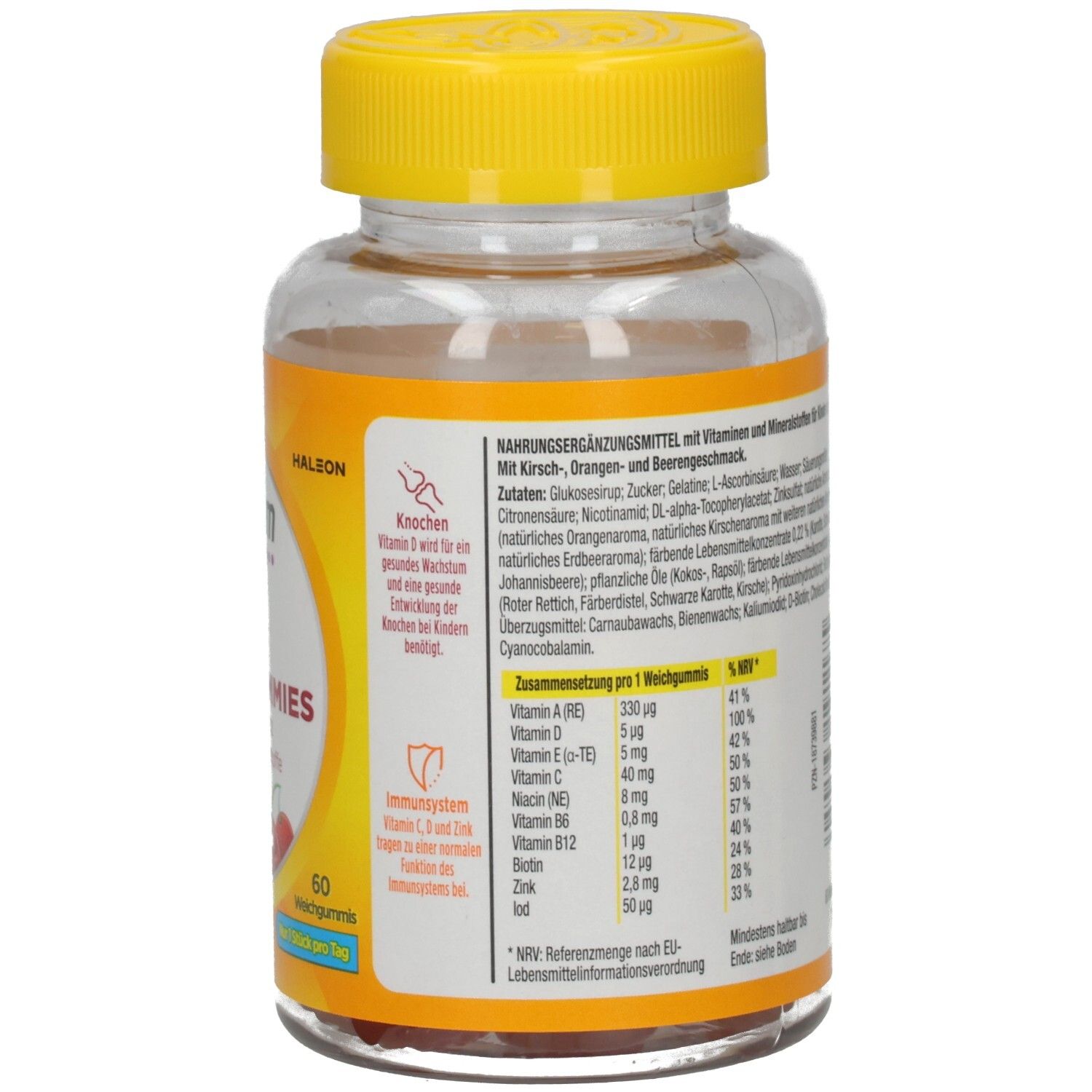 Rückansicht der Flasche. Etikett mit Inhaltsstoffen und Nährwertangaben. Enthält Vitamin-Informationen.