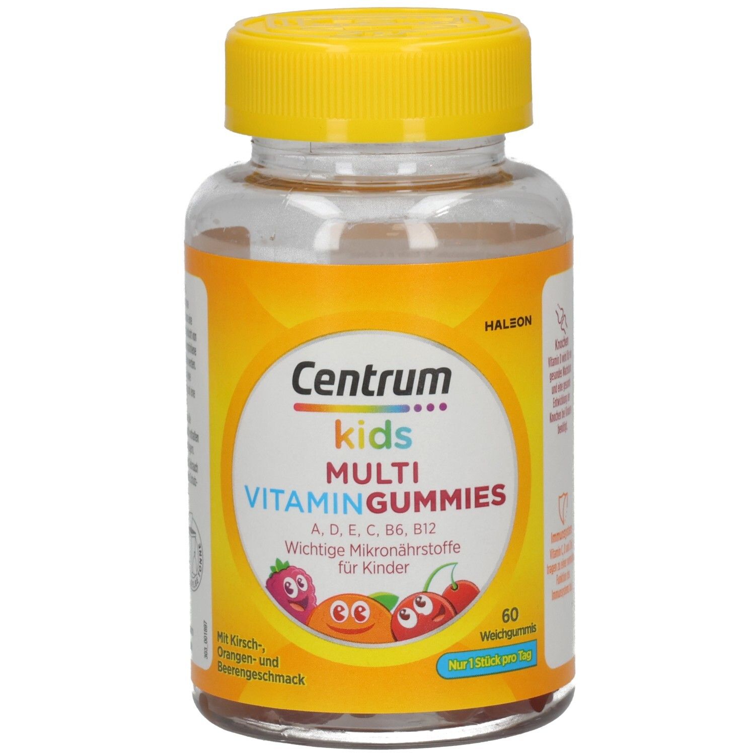 Klare Plastikflasche mit gelbem Deckel. Etikett mit "Centrum kids Multi Vitamin Gummies". 60 Weichgummis.
