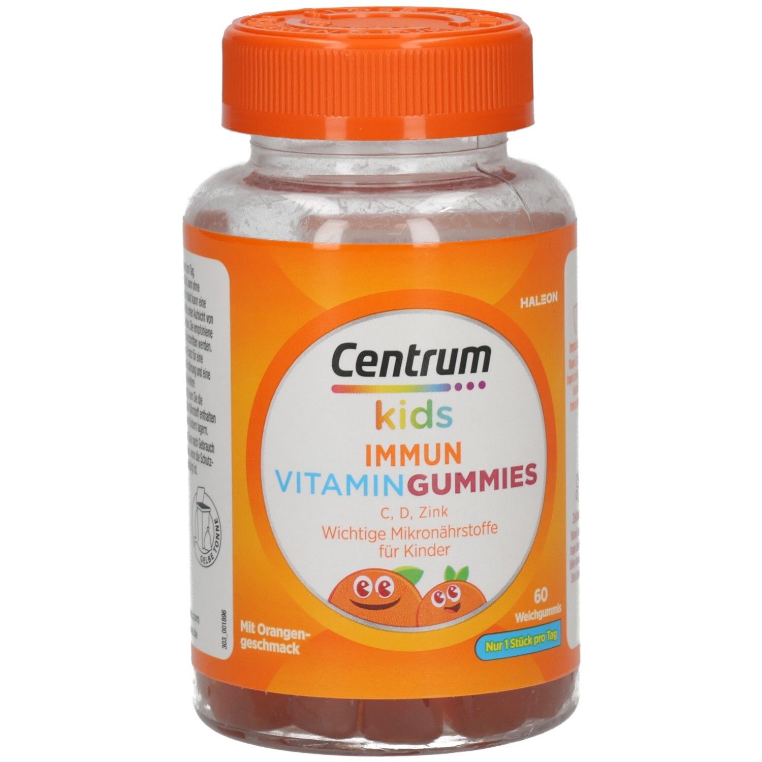Eine Flasche Centrum Kids Immun Vitamin Gummies. Orangefarbener Deckel, Etikett mit Produktnamen und Inhaltsstoffen. 60 Gummies.