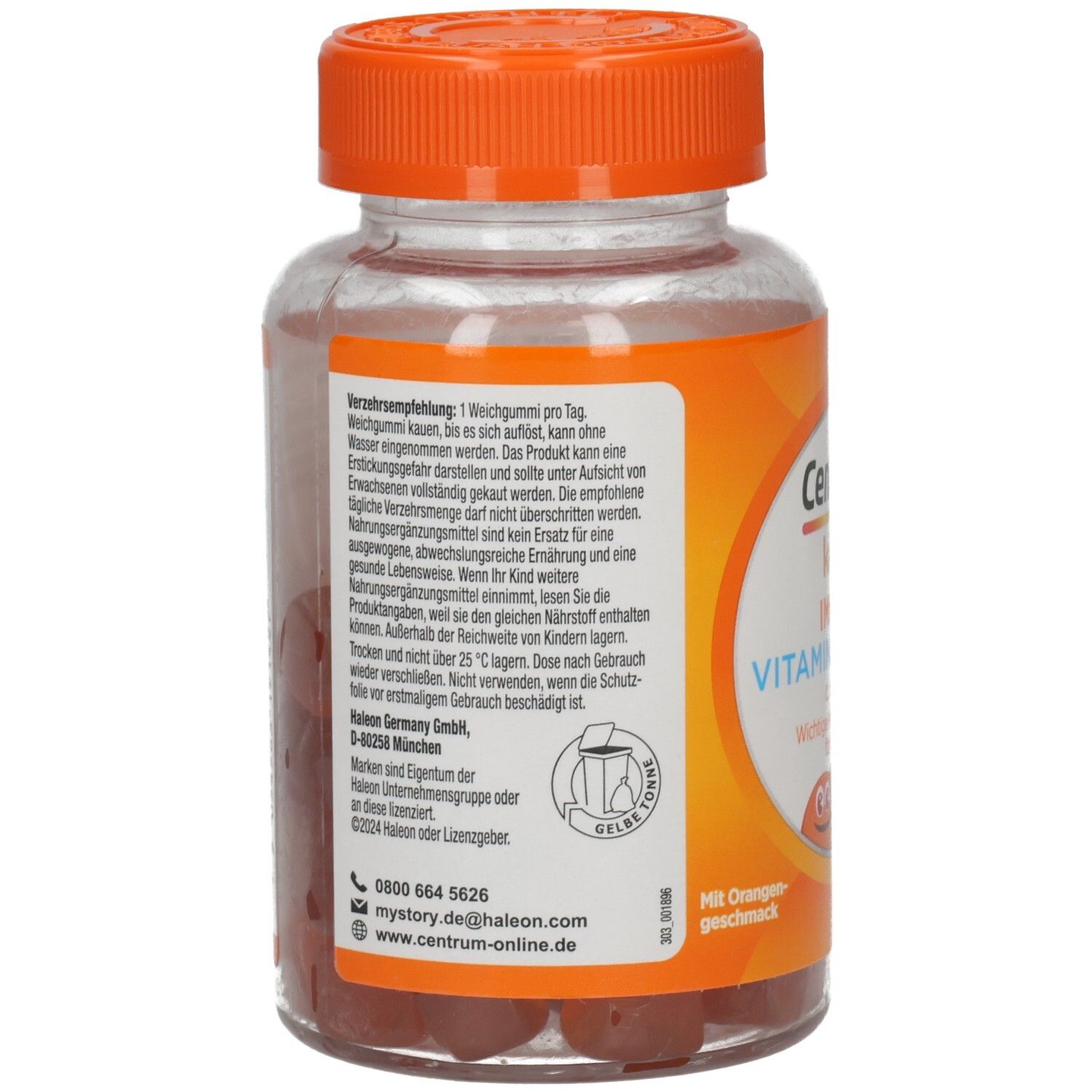 Rückseite der Centrum Kids Immun Vitamin Gummies Flasche. Textinformationen, Herstelleradresse, Inhaltsstoffe und Verzehrempfehlung.