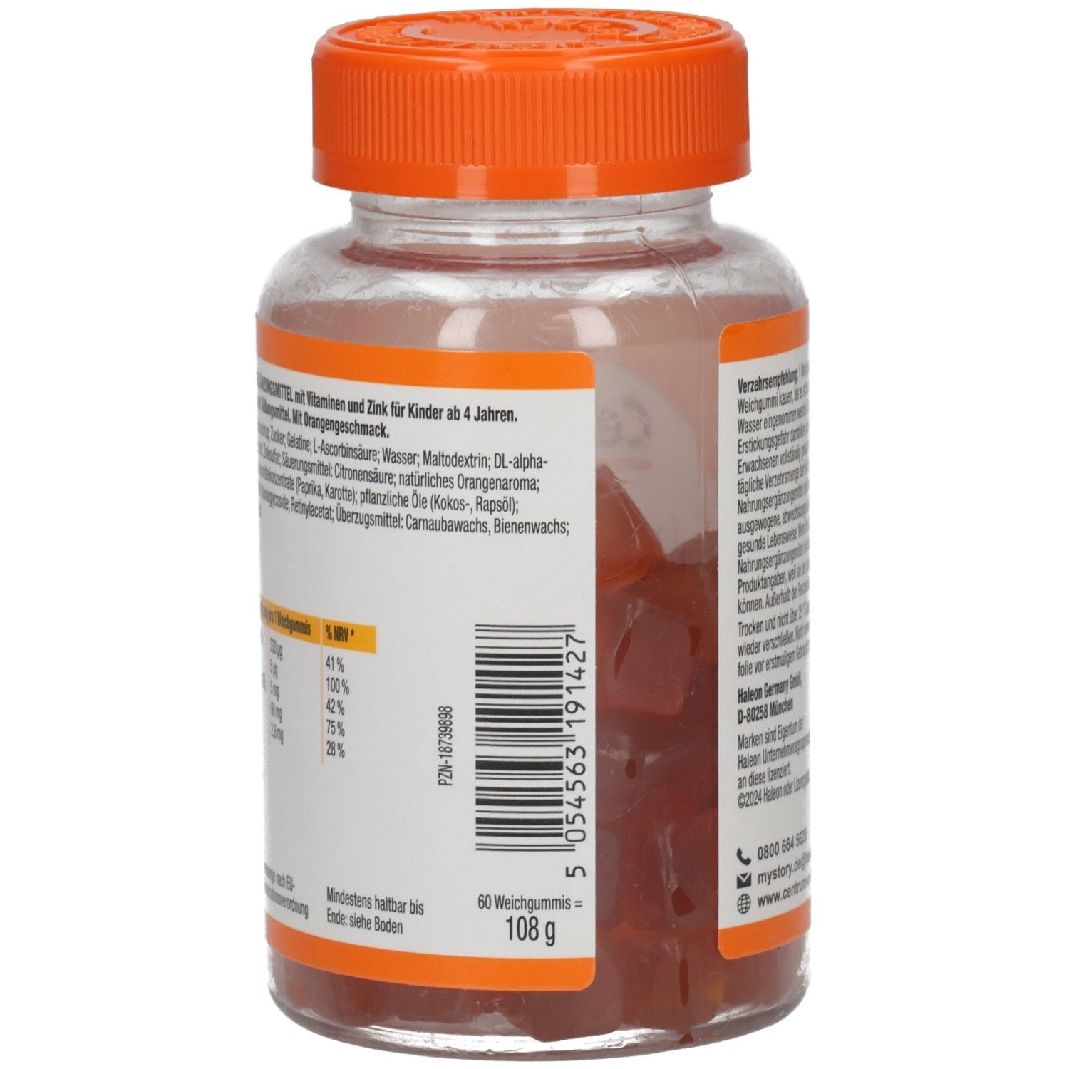Rückseite der Centrum Kids Immun Vitamin Gummies Flasche. Inhaltsstoffe, Nährwertangaben, Barcode und Gewicht: 108g.