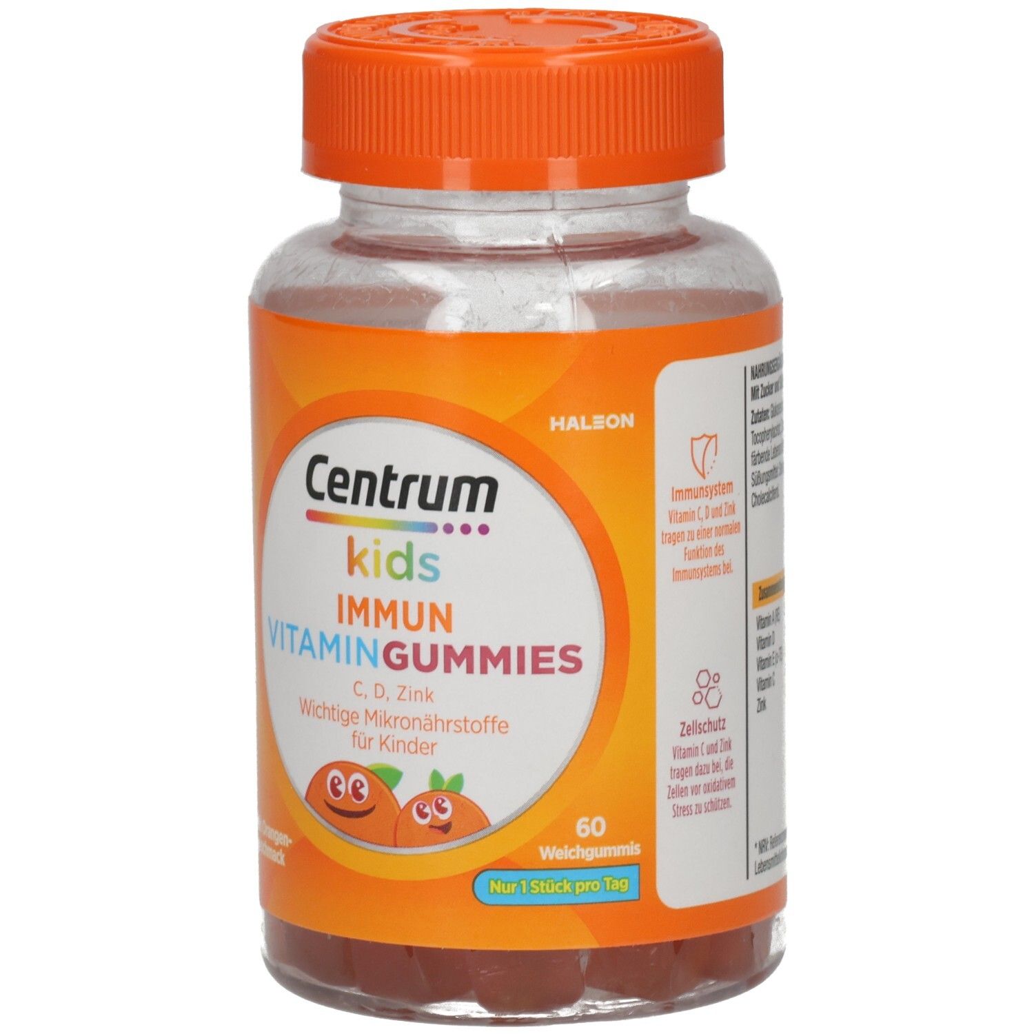 Vorderansicht der Centrum Kids Immun Vitamin Gummies Flasche. Orangefarbener Deckel, Etikett mit Produktnamen und Inhaltsstoffen. 60 Gummies.